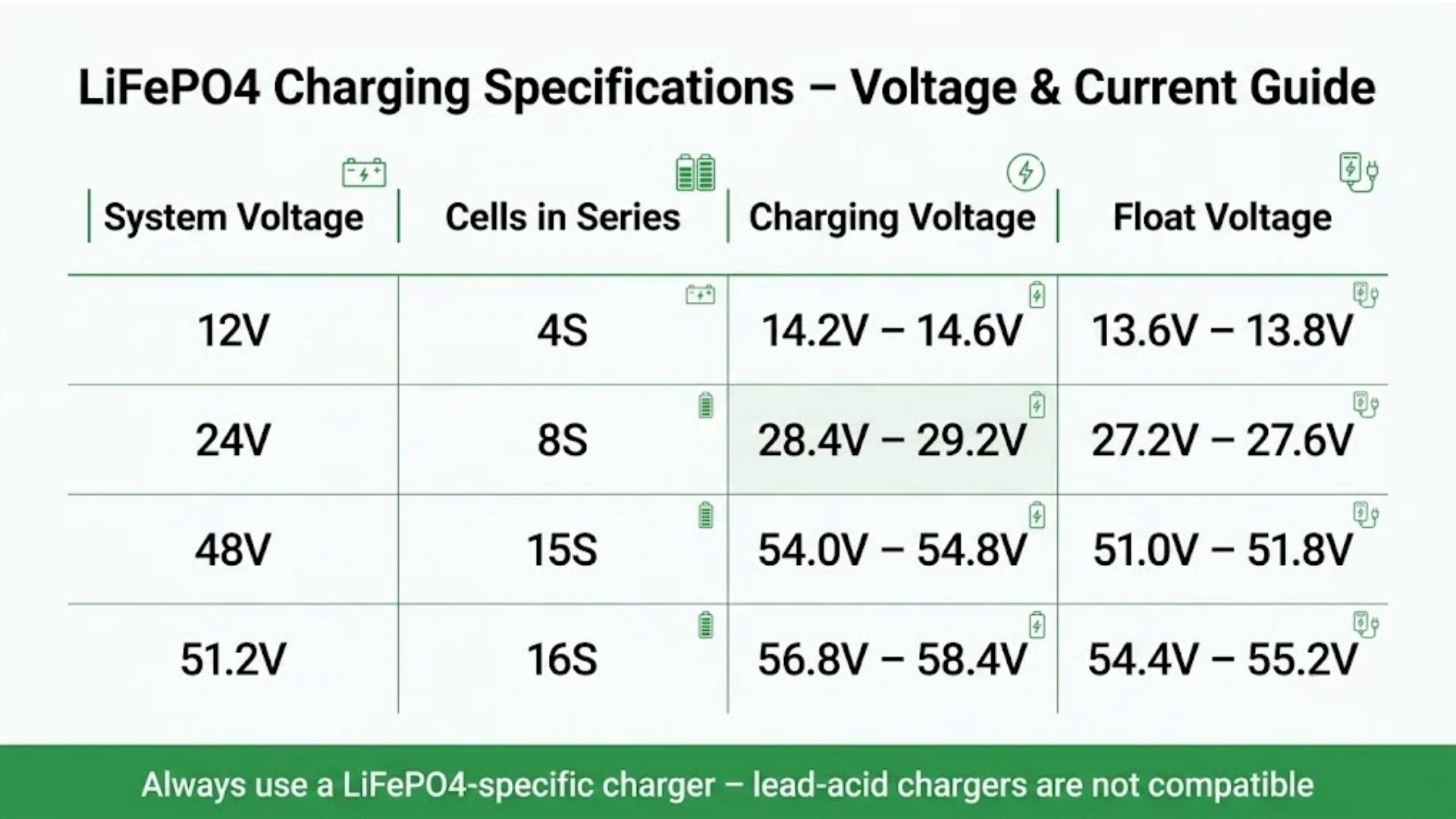 LiFePO4 charging specifications table showing voltage and current requirements for 12V 24V 48V and 51.2V systems for B2B buyers