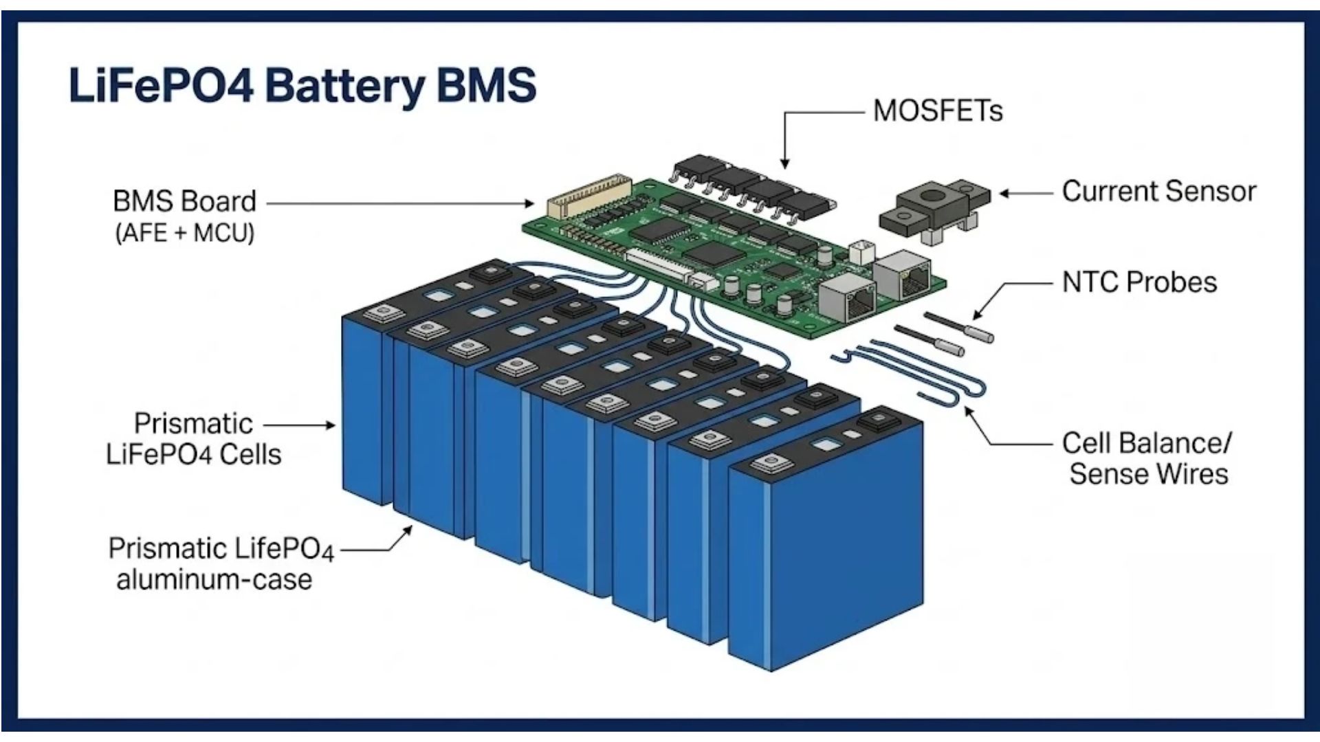 LiFePO4 BMS anatomy exploded view showing blue prismatic cells, BMS protection board with MOSFETs, current sensor, NTC temperature probes, balance wires and CAN RS485 communication ports