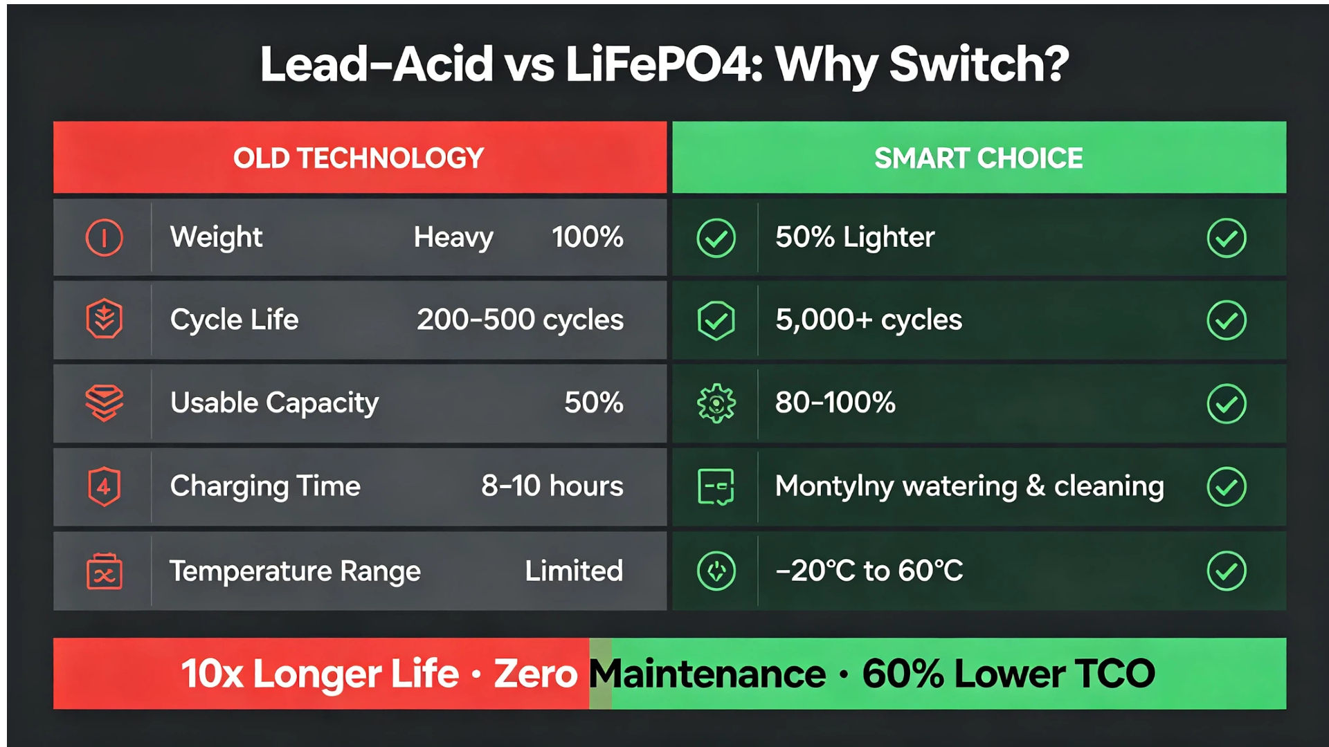 Lead-acid vs LiFePO4 battery comparison for B2B buyers - weight, cycle life, usable capacity, charging time, maintenance, and temperature range comparison