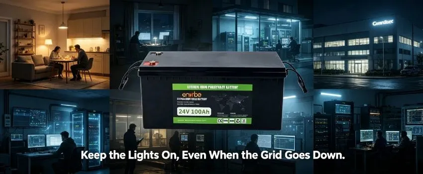 24V 100Ah LiFePO4 Battery | Enerbe baterie lifepo4. Drop-in lead-acid replacement with Bluetooth monitoring. 3000+ deep cycles, built-in smart BMS, zero maintenance.