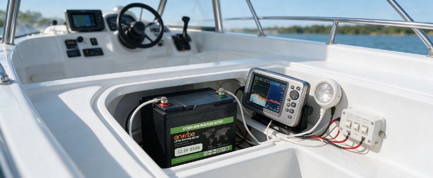 Enerbe 12.8V 65Ah LiFePO4 Marine Battery Installed on Fishing Boat - Vibration-Resistant Deep Cycle for Trolling Motors