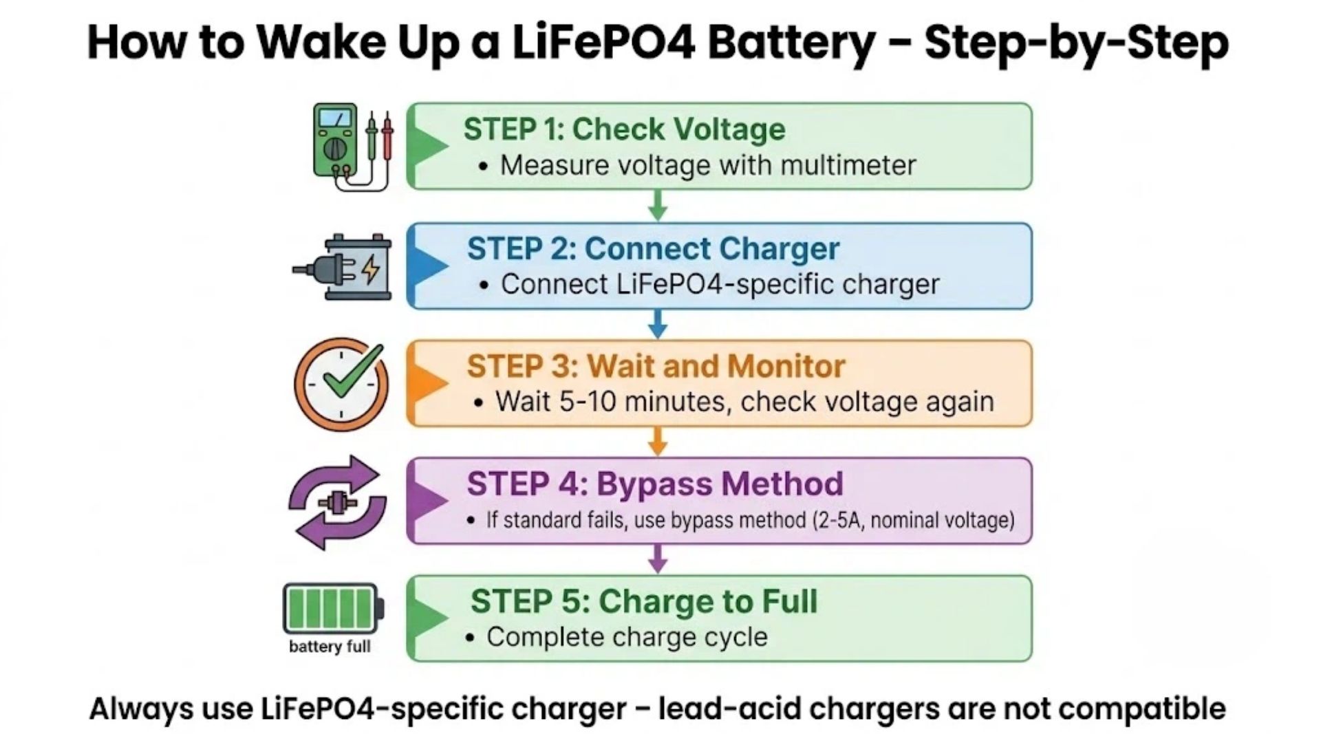 Step-by-step guide to waking up a LiFePO4 battery with BMS reset procedure for B2B commercial users