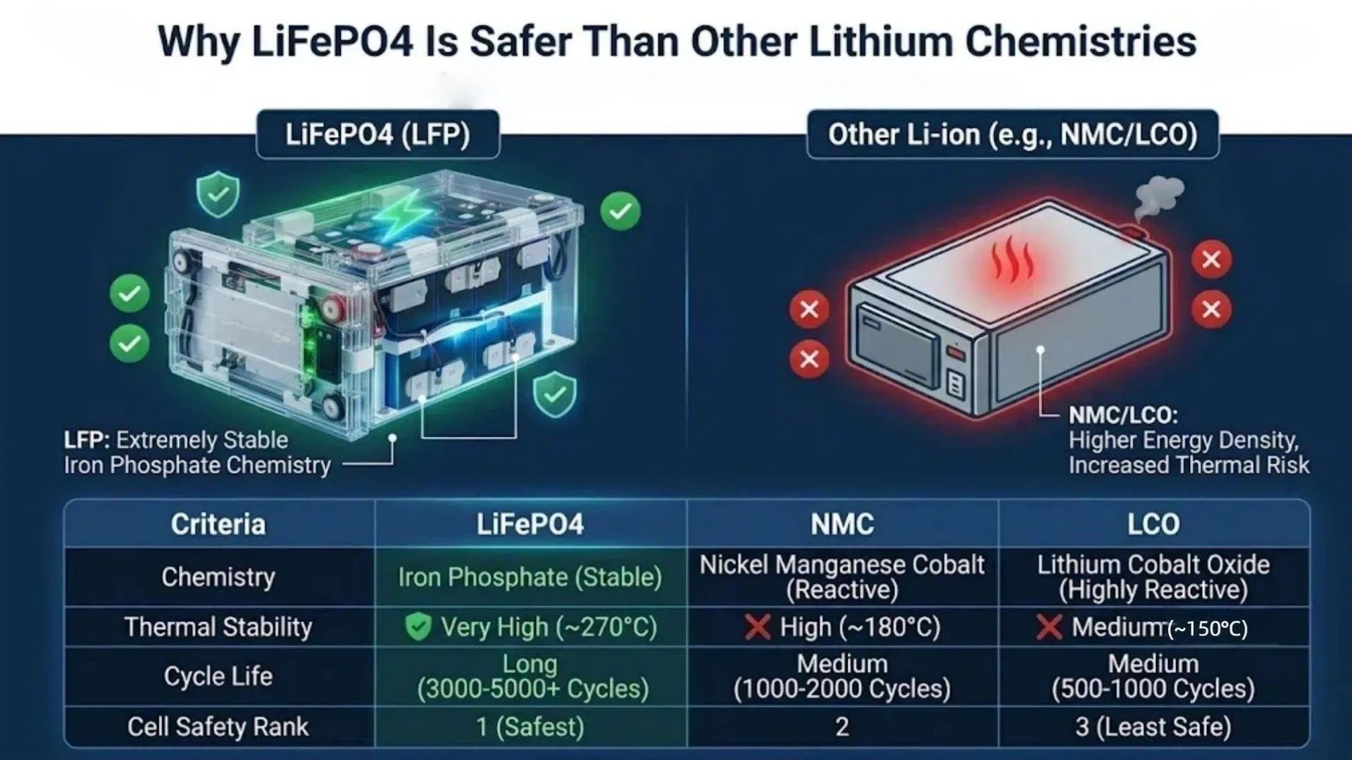 Lithium battery chemistry safety comparison chart – LiFePO4 (LFP) vs NMC vs NCA vs LCO thermal runaway onset temperature showing LFP is safest at 270°C+