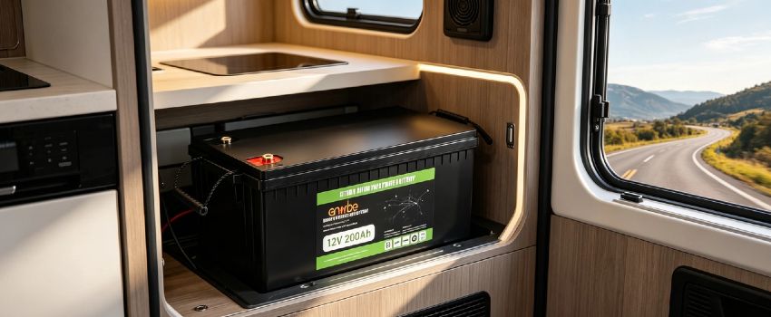 12V 200Ah LiFePO4 Deep Cycle Battery by Enerbe. Reliable cycle battery with short circuit protection. Maintenance-free, perfect for off-grid & emergency backup power.