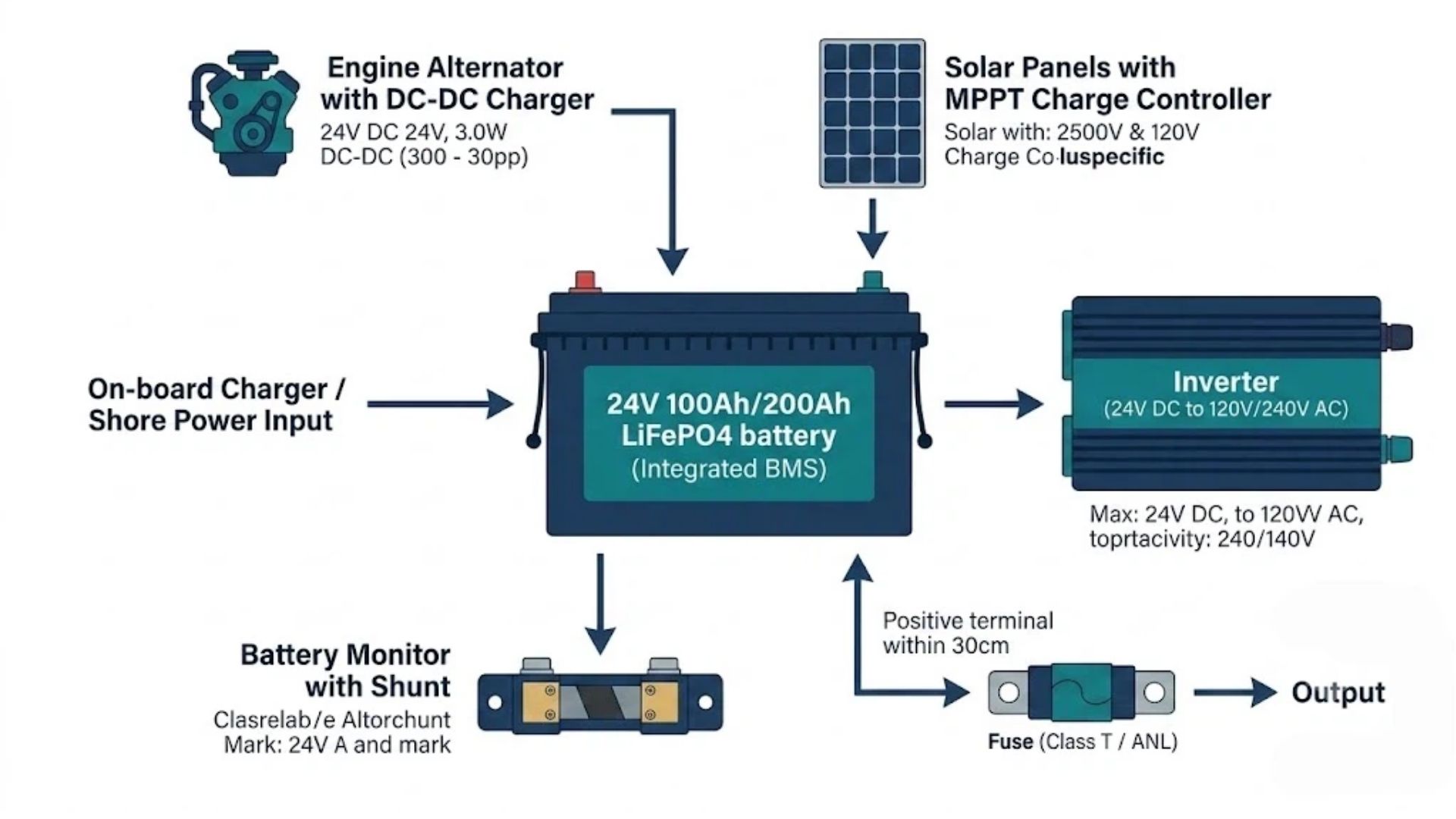 24V marine lithium battery installation diagram showing battery, fuse, inverter, solar panel, alternator and battery monitor wiring for boats