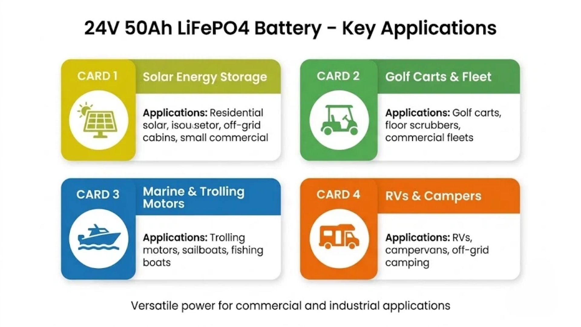 24V 50Ah LiFePO4 battery applications including solar storage golf carts marine and RVs for B2B buyers