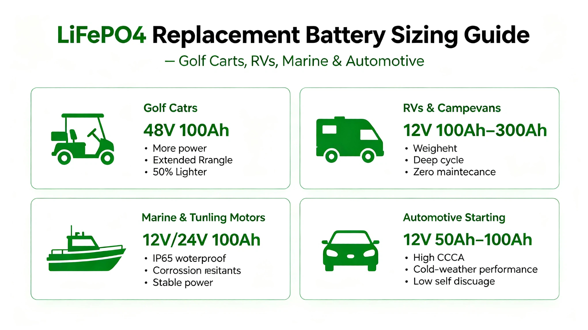 LiFePO4 replacement battery sizing guide for golf carts, RVs, marine, and automotive applications showing recommended voltage and capacity for each application