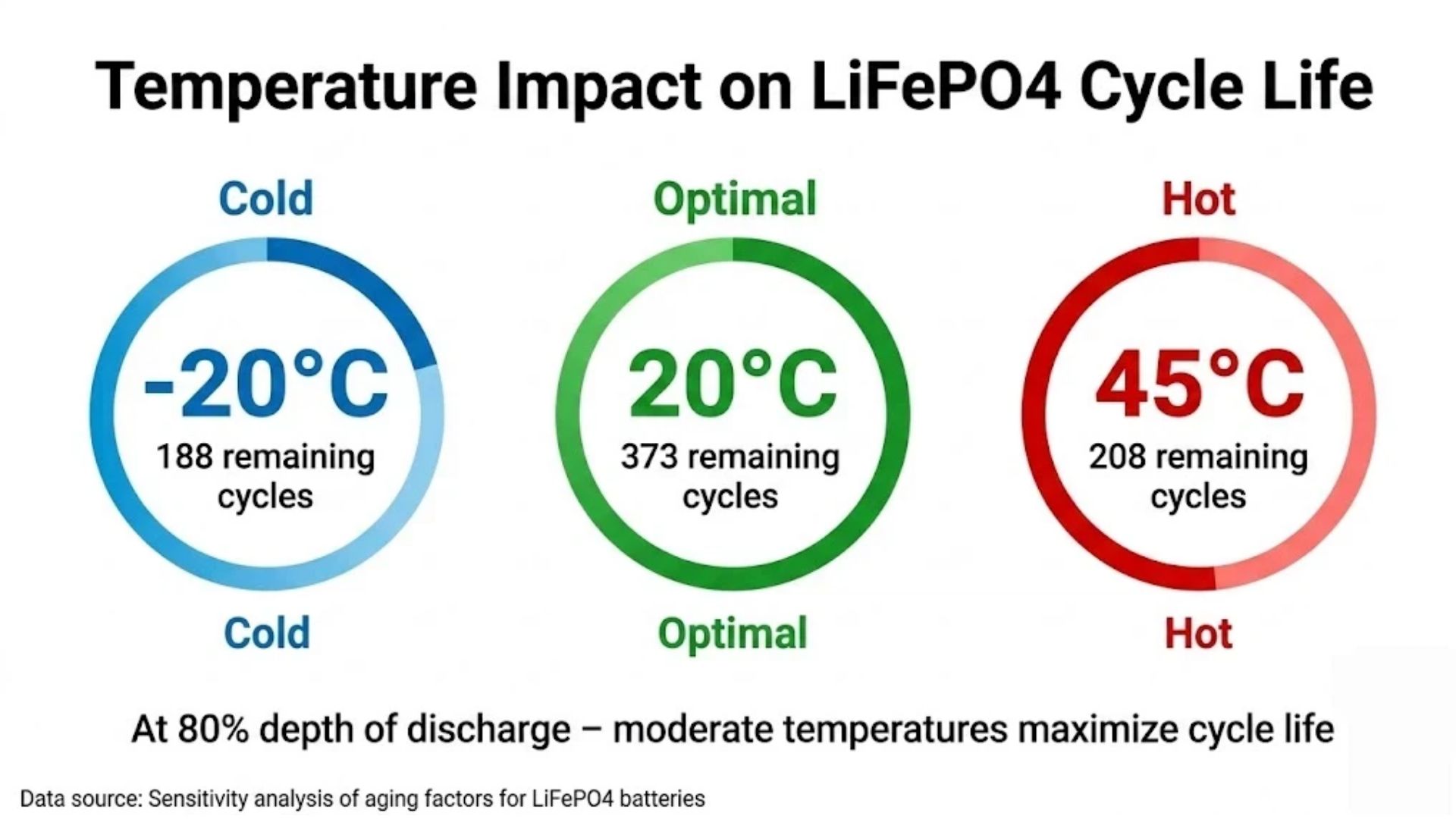 Temperature impact on LiFePO4 battery cycle life showing 373 cycles at 20 degrees Celsius versus reduced cycles at extreme temperatures