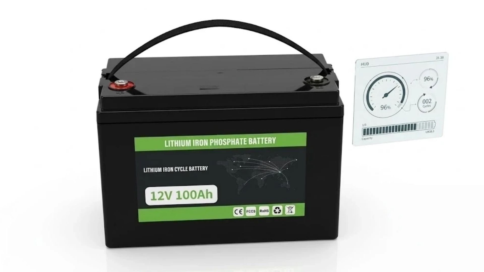 黒色のプラスチック製 12V 100Ah LiFePO4 ディープサイクル バッテリー ボックス。黒色のキャリー ハンドル、上部 LCD ディスプレイ、きれいな HUD ゲージの横にある M8 端子があり、健全性の状態 96 パーセント、サイクル数と容量を表示します。