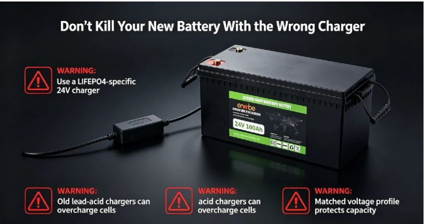 Matched charger 24v battery unit for 24V LiFePO4 packs to ensure safe charging and longer lifespan