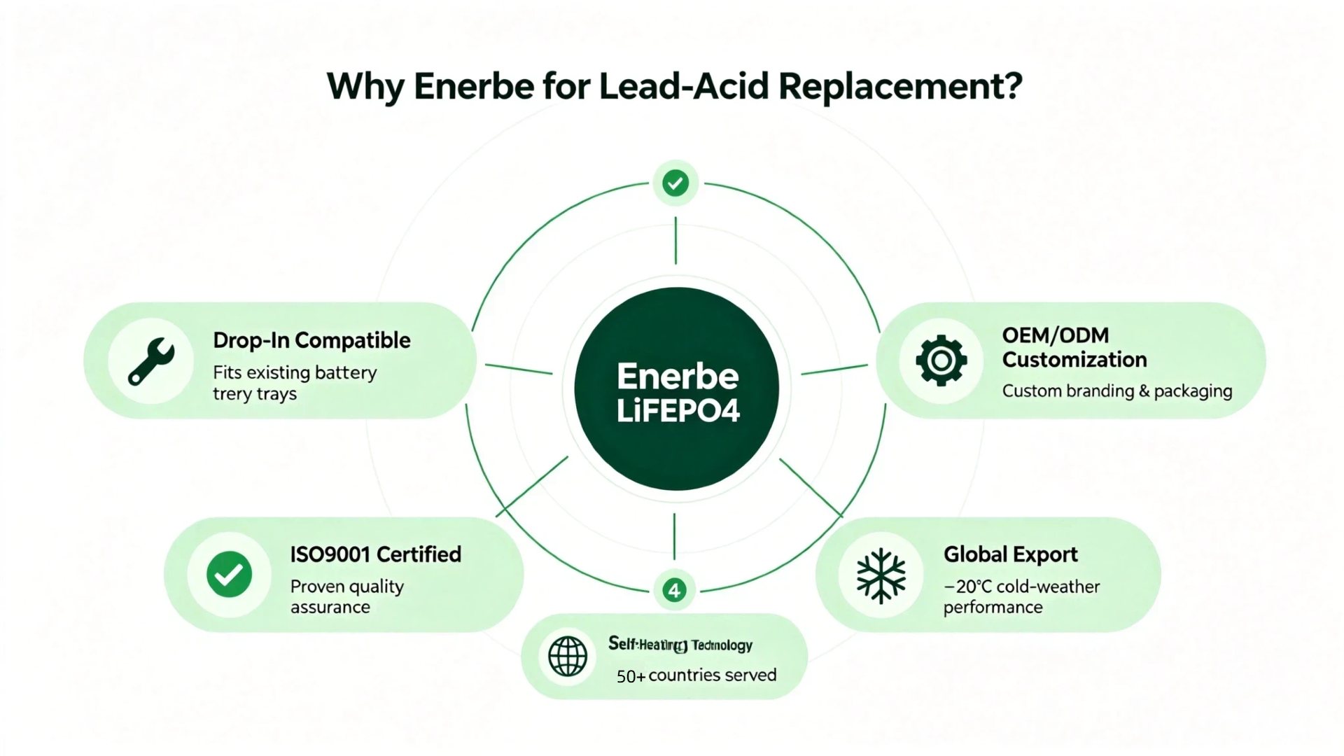 Enerbe LiFePO4 battery advantages for lead-acid replacement - drop-in compatible, OEM customization, ISO9001 certified, global export, and self-heating technology