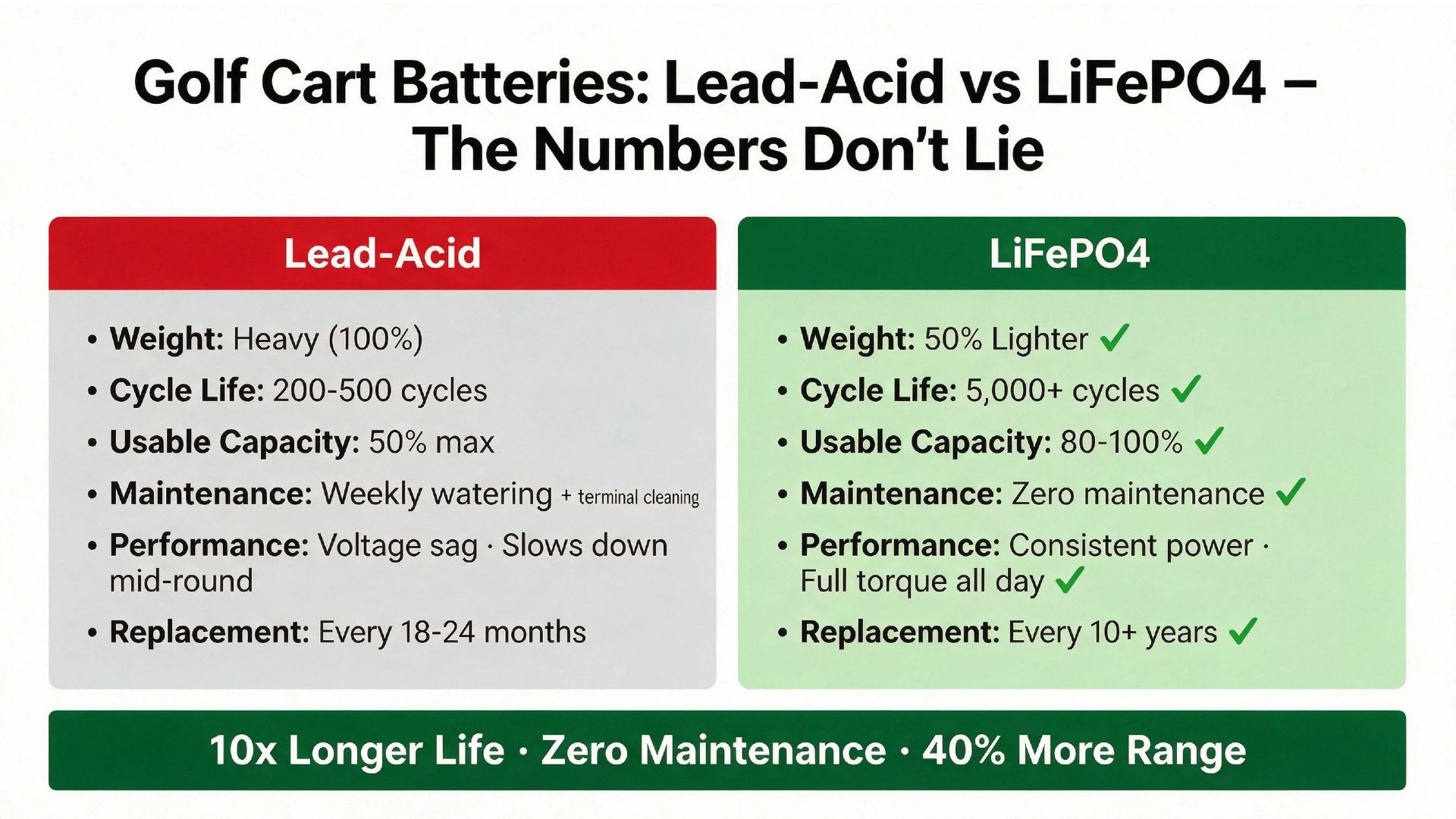 Golf cart batteries lead-acid vs LiFePO4 comparison showing weight, cycle life, capacity, maintenance, performance, and replacement frequency for B2B fleet buyers