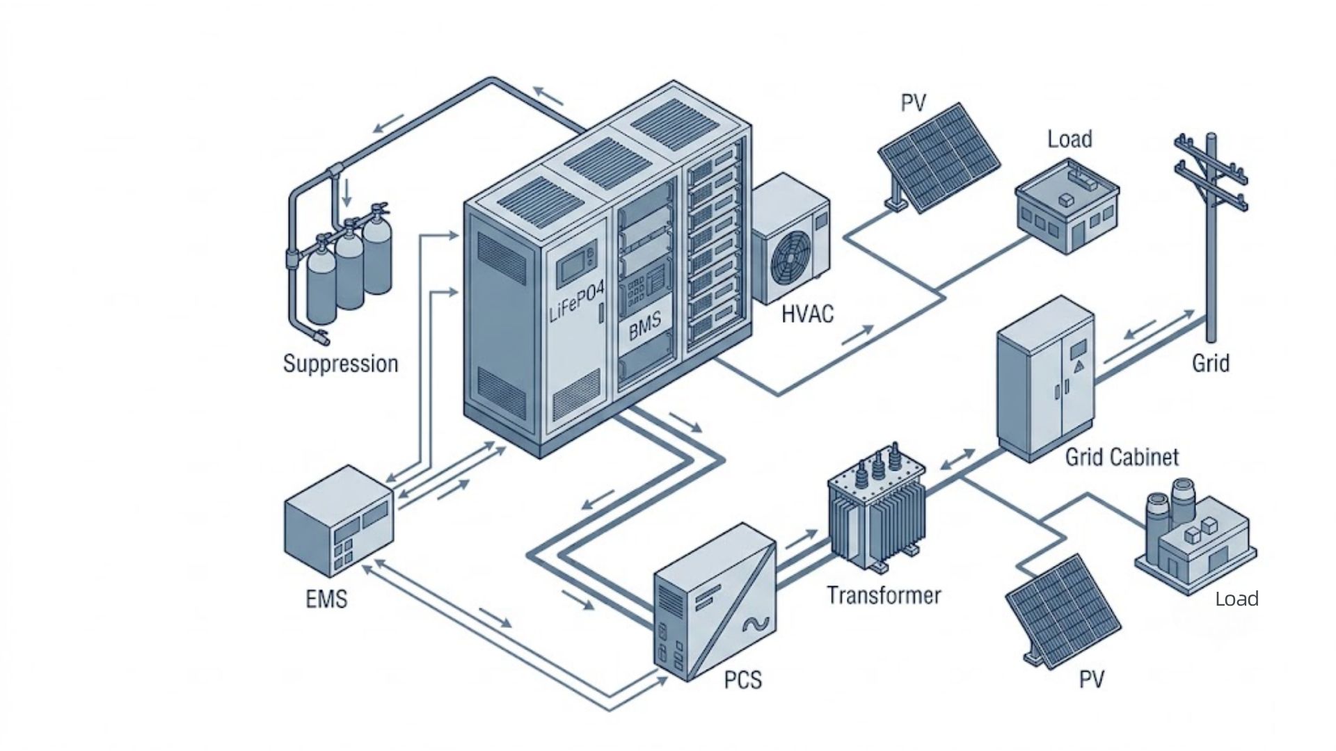 C and I BESS system components diagram with LiFePO4 battery cabinet, PCS converter, EMS, BMS, transformer, PV, grid, and facility loads