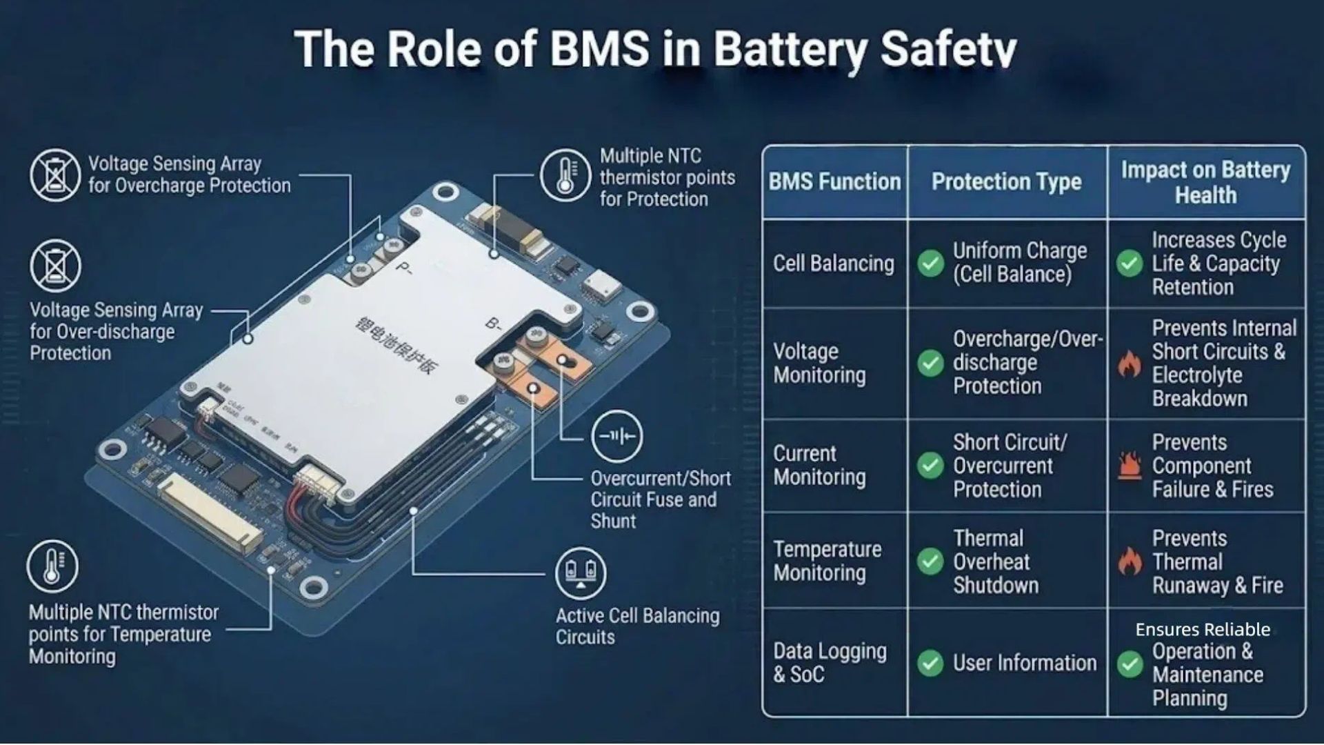 BMS battery management system safety protection functions diagram – overvoltage, undervoltage, overcurrent, short circuit, over-temperature, low-temperature charging, and cell balancing protection