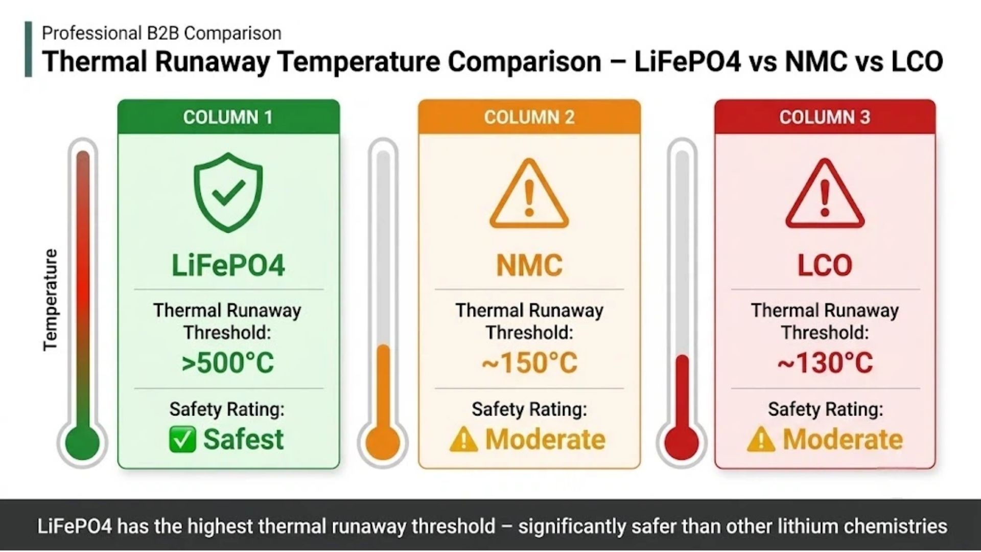 Thermal runaway temperature comparison chart showing LiFePO4 at over 500 degrees Celsius versus NMC at 150 degrees for B2B buyers