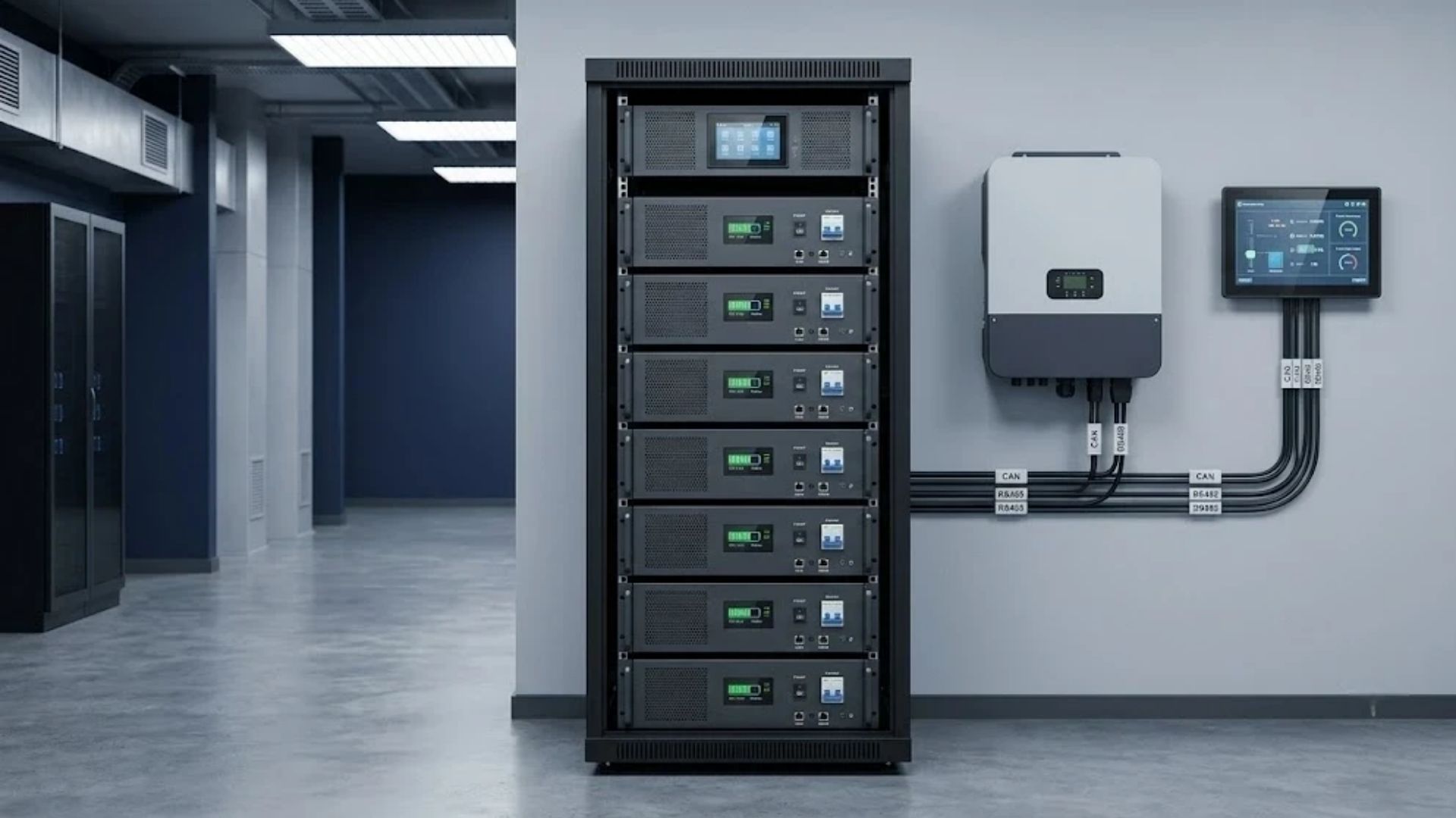 48V 16S rack mounted LiFePO4 battery BMS monitoring with CAN and RS485 communication to inverter and SCADA in a data center commercial energy storage room