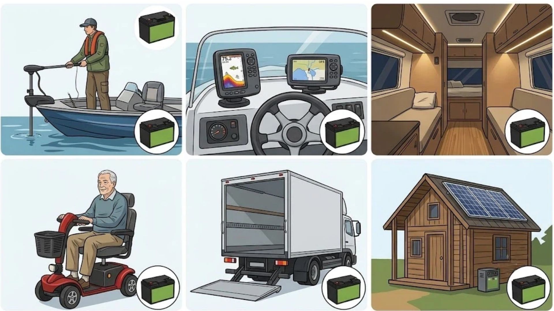 Six key applications of 12V 54Ah LiFePO4 battery: trolling motor, marine electronics, RV camper, mobility scooter, lift gate, and off-grid solar system