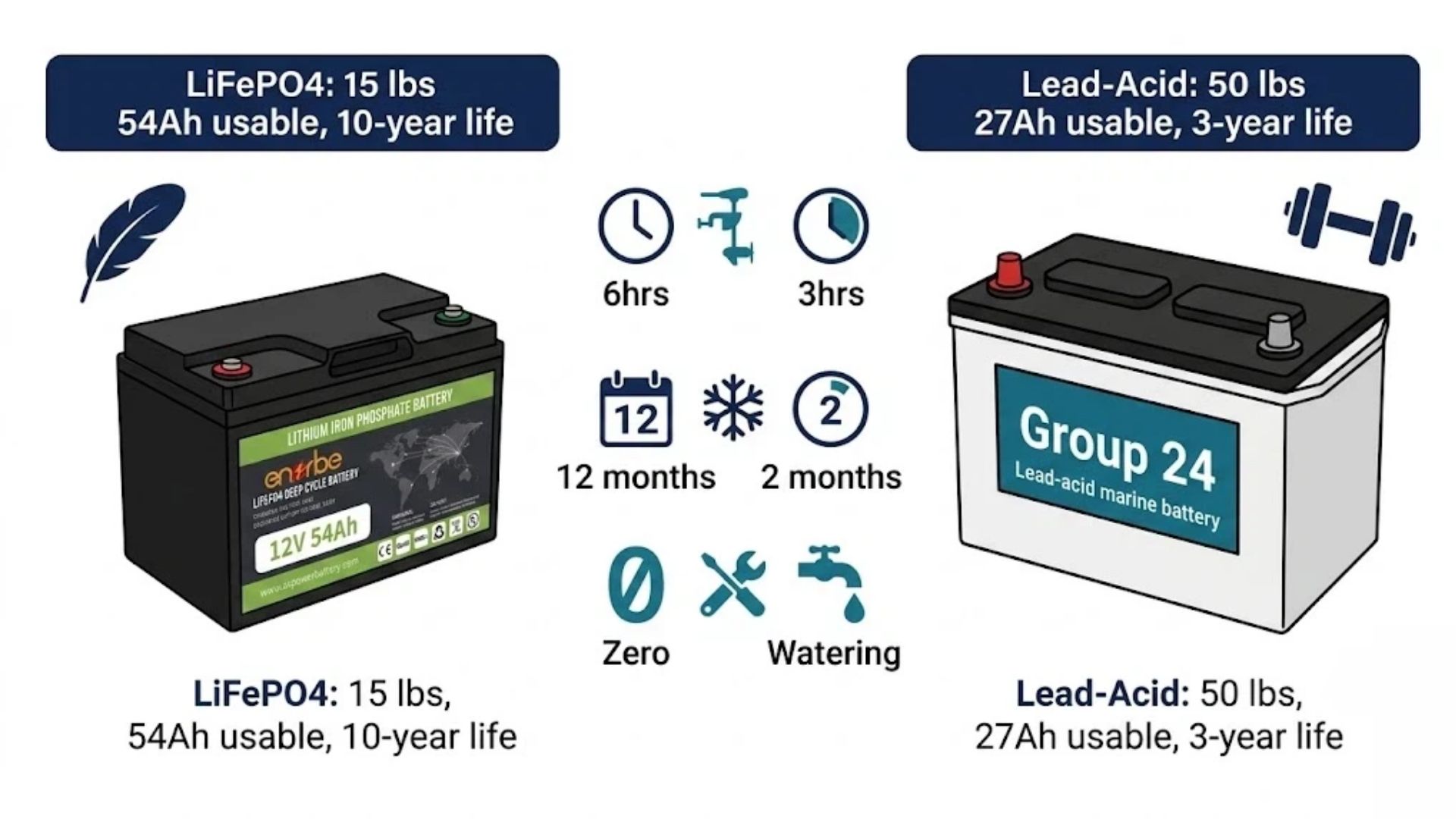 Side-by-side comparison of 12V 54Ah LiFePO4 lithium battery vs Group 24 lead-acid marine battery showing weight (15 lbs vs 50 lbs), usable capacity, trolling motor runtime, and lifespan