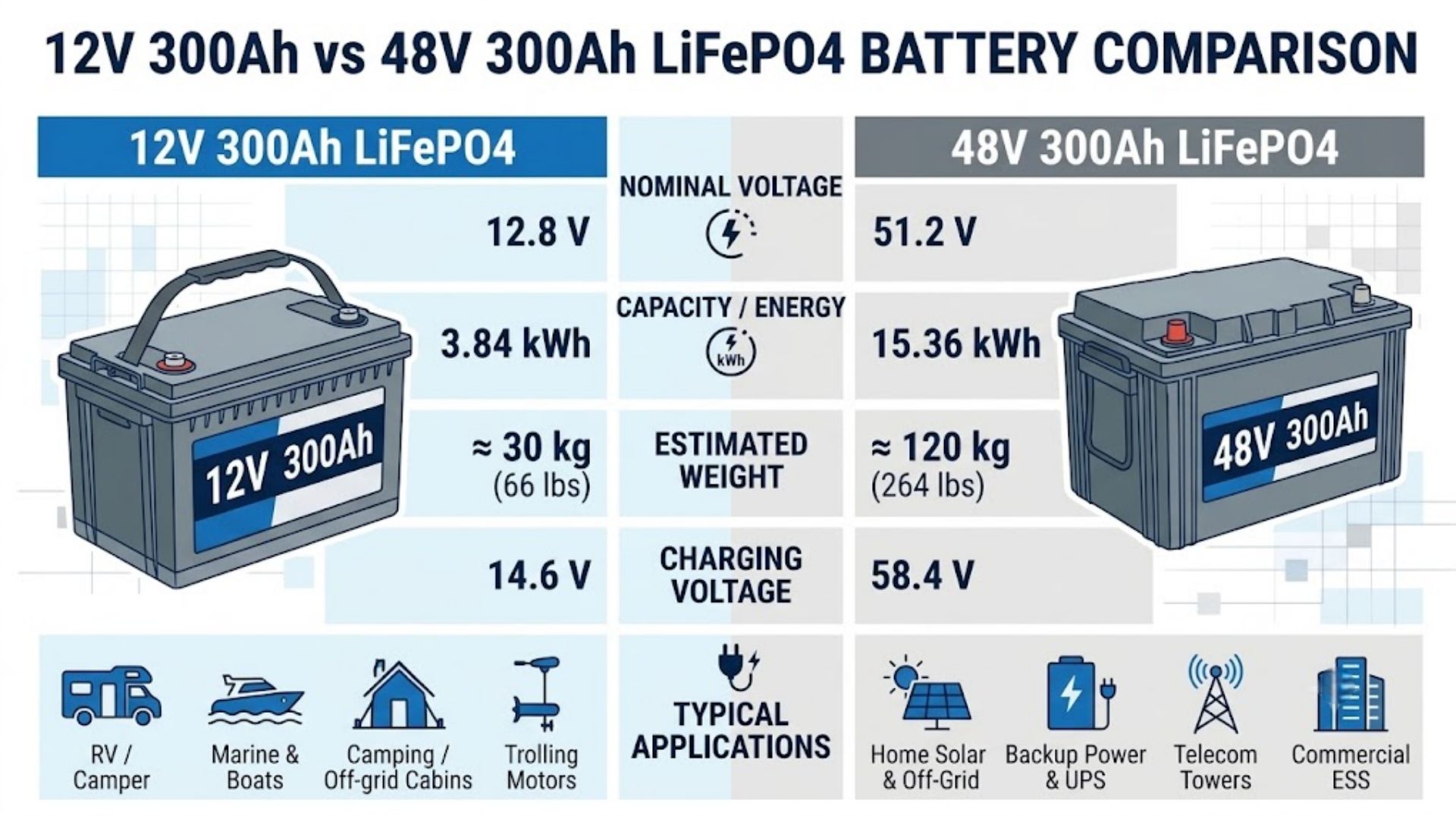 12V 300Ah vs 48V 300Ah LiFePO4 ब्याट्री तुलना - भोल्टेज, kWh क्षमता, वजन र B2B खरीददारहरूको लागि अनुप्रयोगहरू