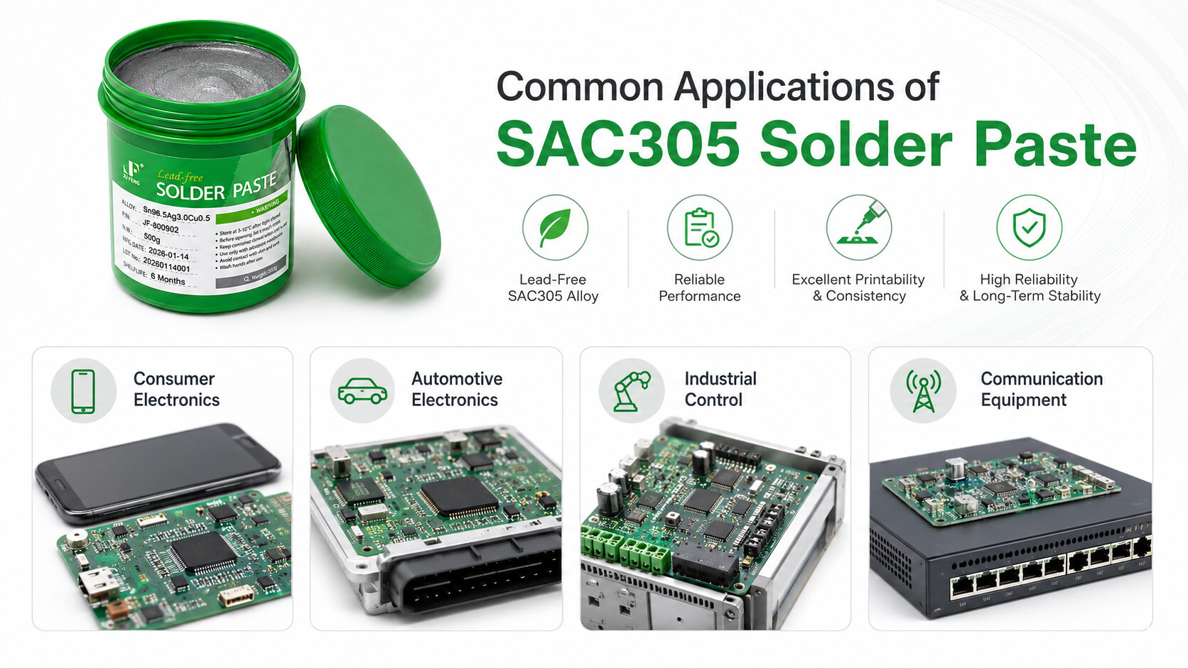 Common applications of SAC305 solder paste in consumer, automotive, industrial and communication electronics
