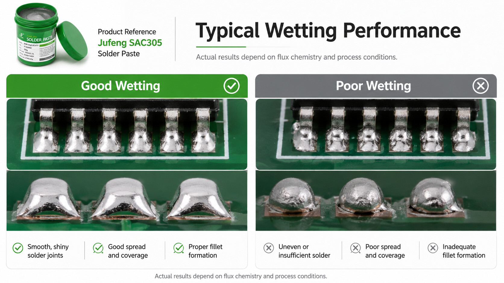 Comparison between good and poor solder joint wetting