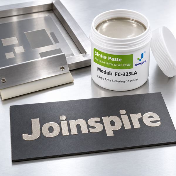 Illustrative screen-printing scene with FC-325LA packaging and the Joinspire name printed in silver paste on a rigid sample