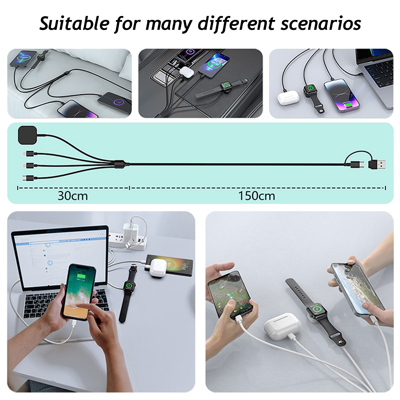 dual USB A and Type-C input charging cable