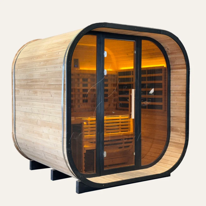 modern backyard outdoor sauna cabin with glass door