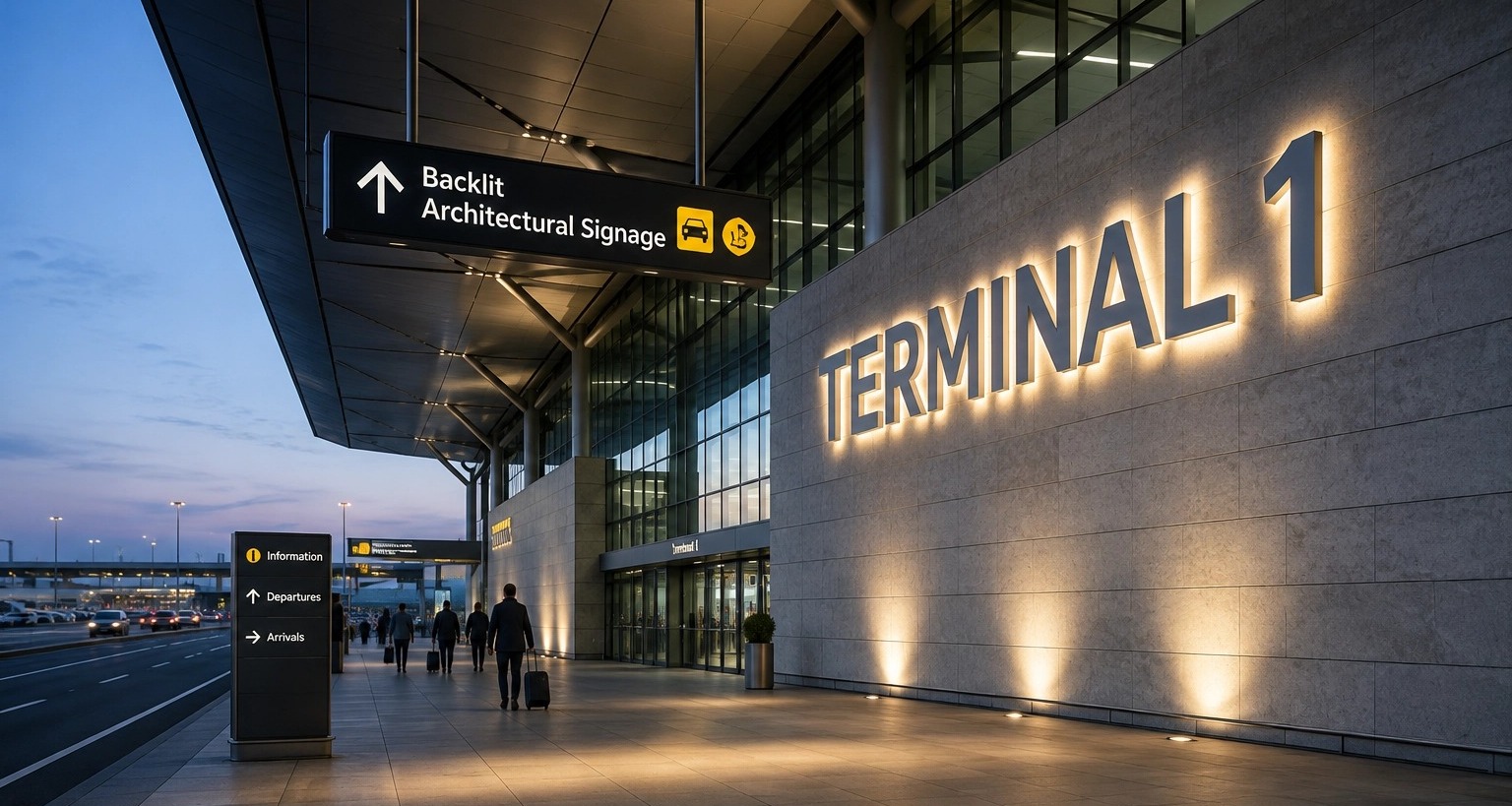 Airport architectural and illuminated signage system enhancing brand visibility and terminal environment