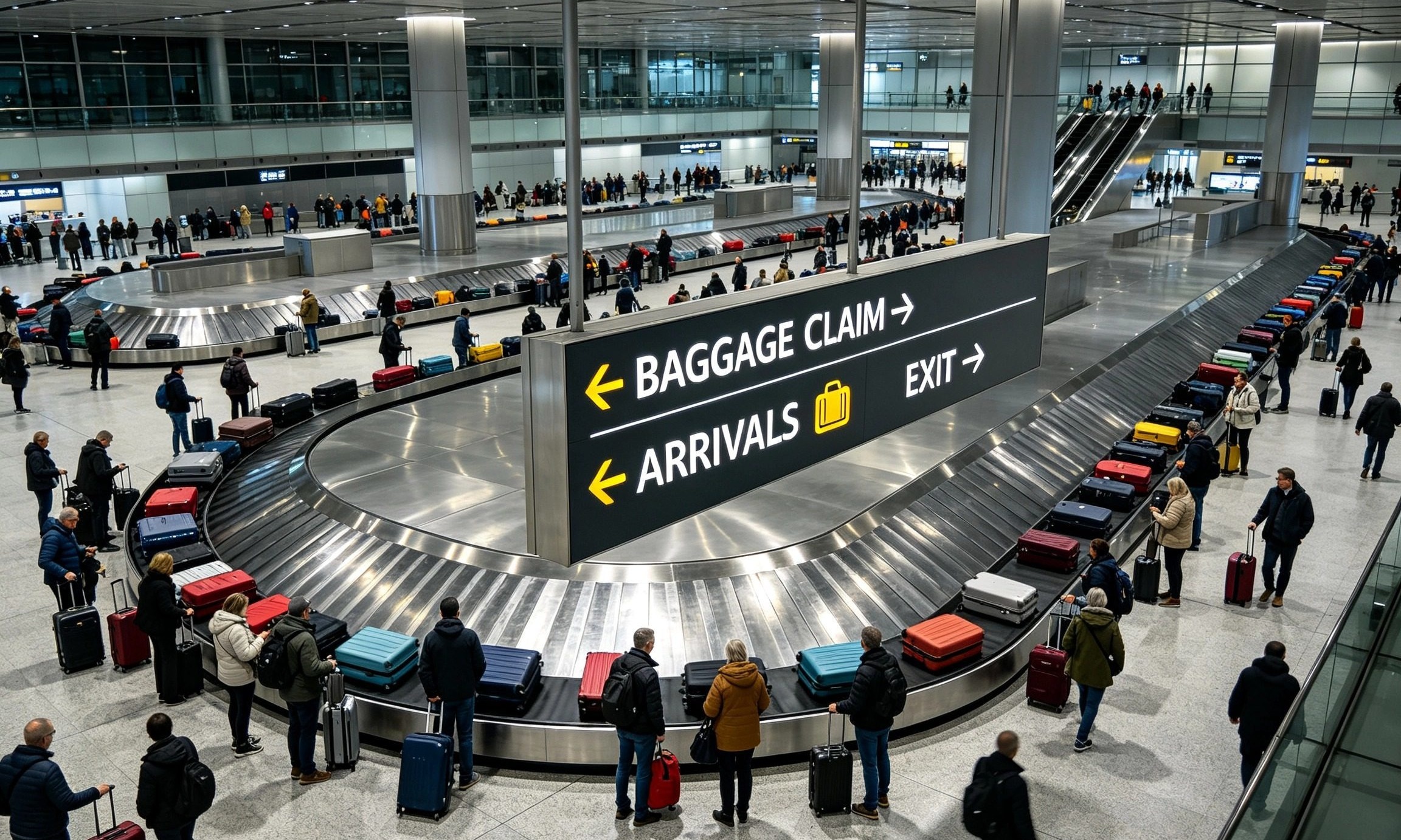 Airport baggage claim and arrival signage system supporting efficient passenger circulation and navigation