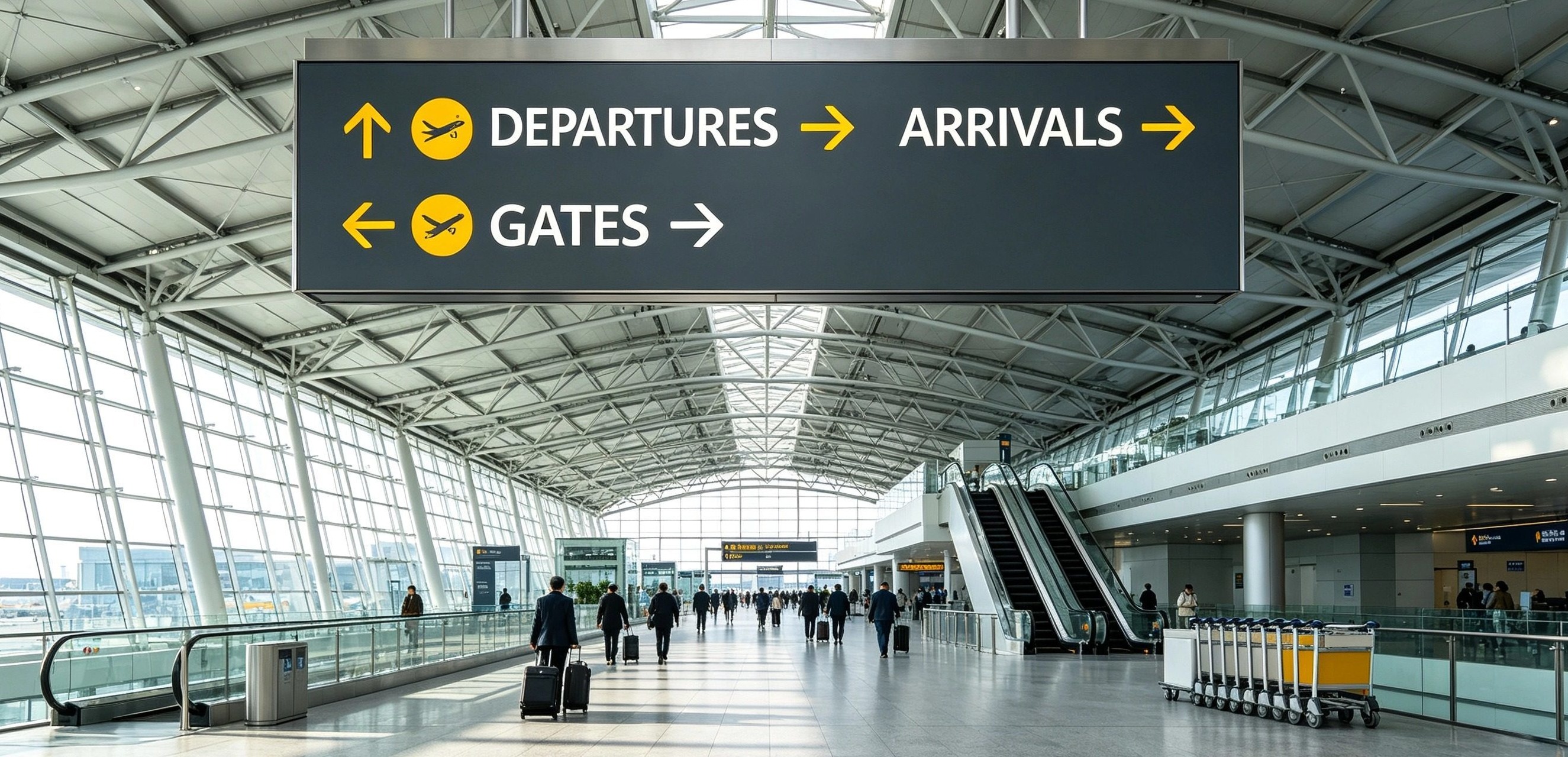 Airport terminal wayfinding signage system with directional guidance for passengers and visitor navigation