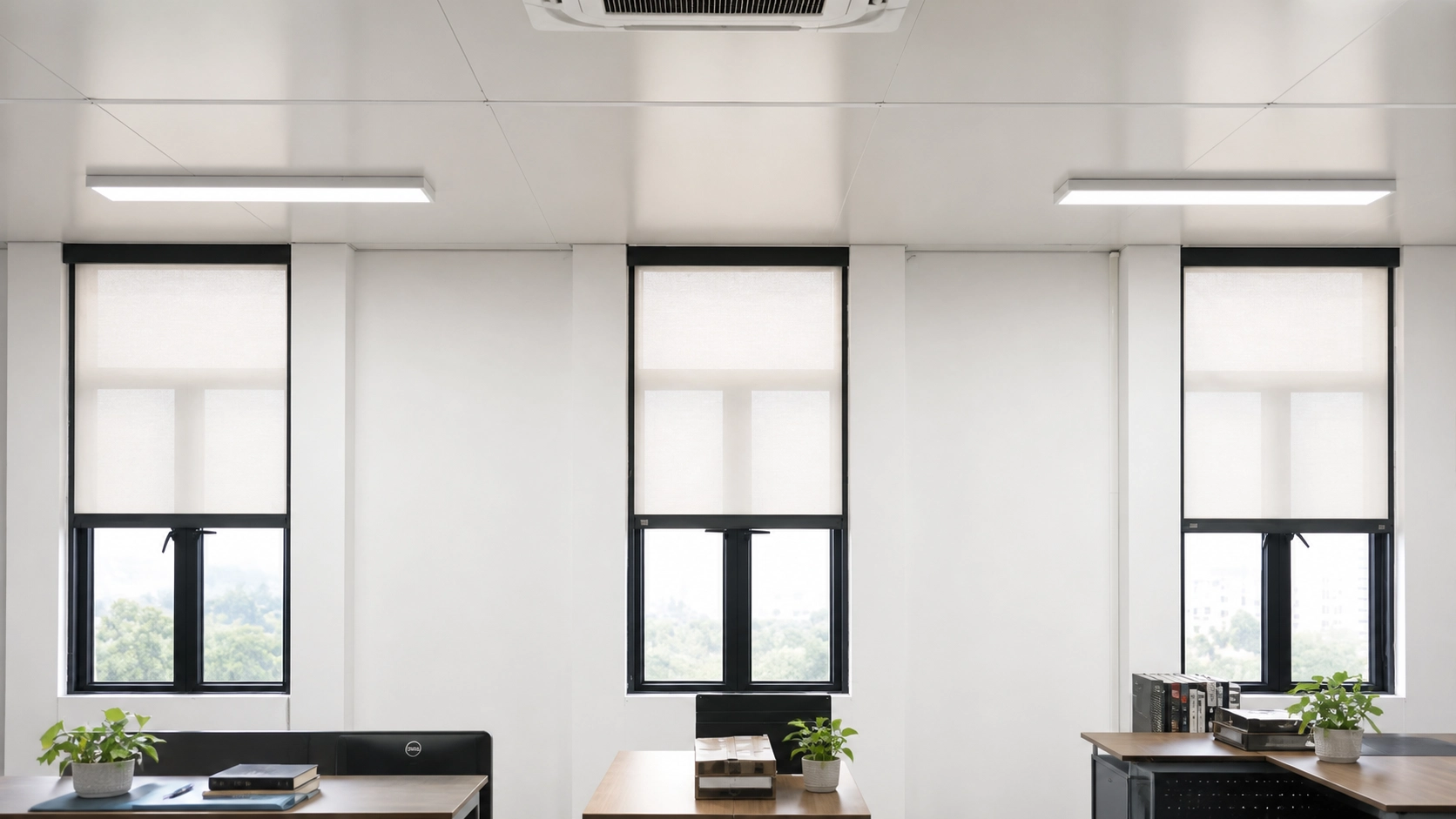 Screen fabric roller blinds fitted to factory office windows