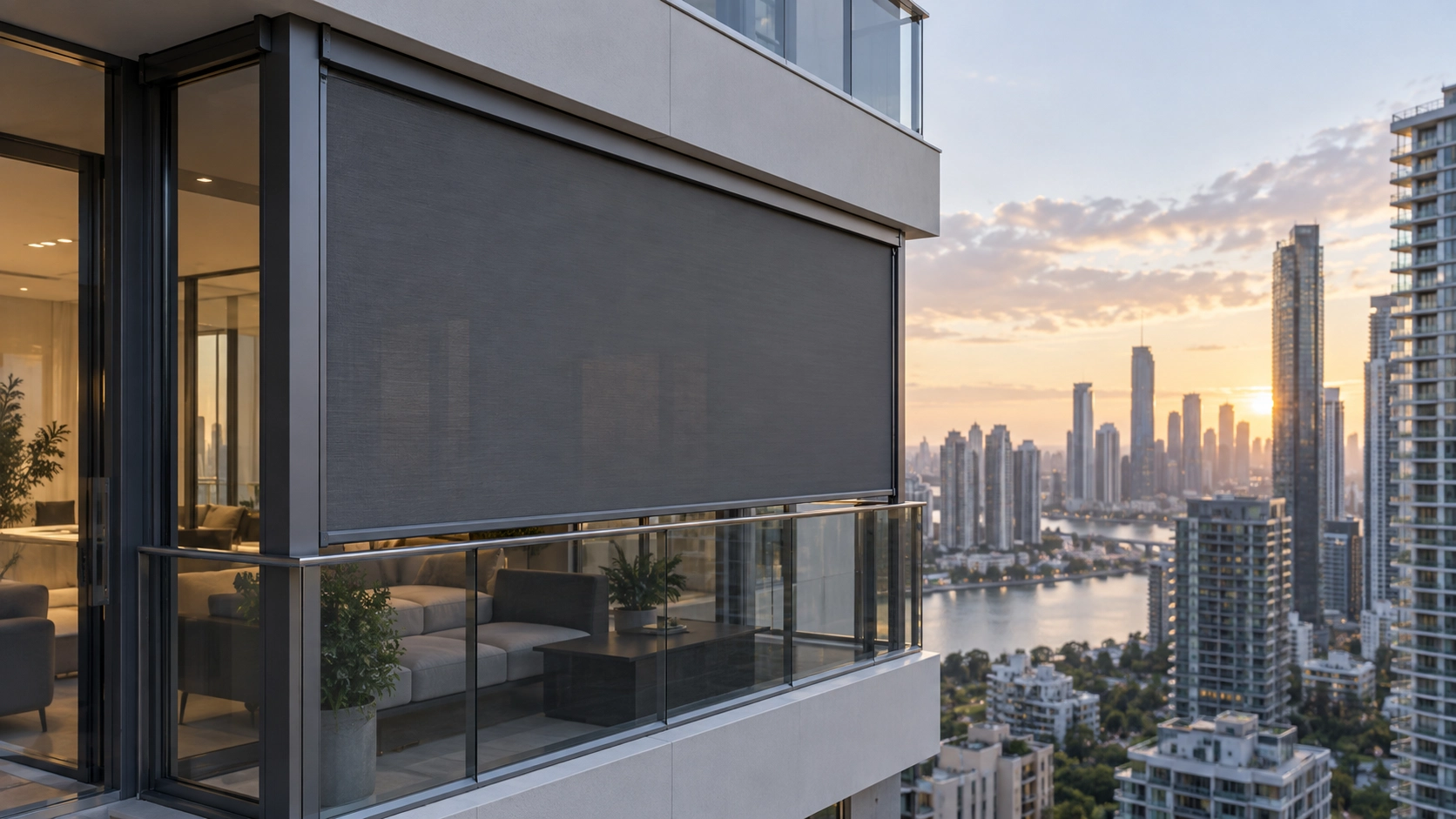ZIP Screen for High-Rise Balcony ZIP screen installed on a high-rise apartment balcony