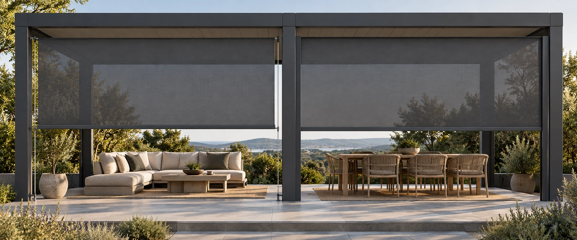Cable-guided outdoor blind and ZIP screen installed in adjacent patio openings