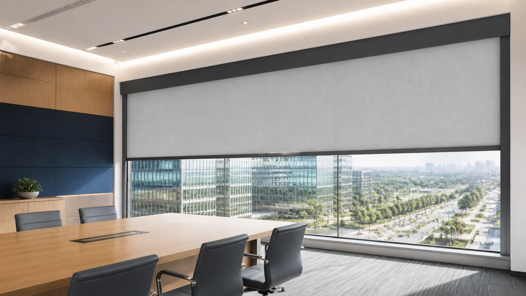 TR85-100 extra-wide indoor windproof roller blind in a premium commercial meeting room