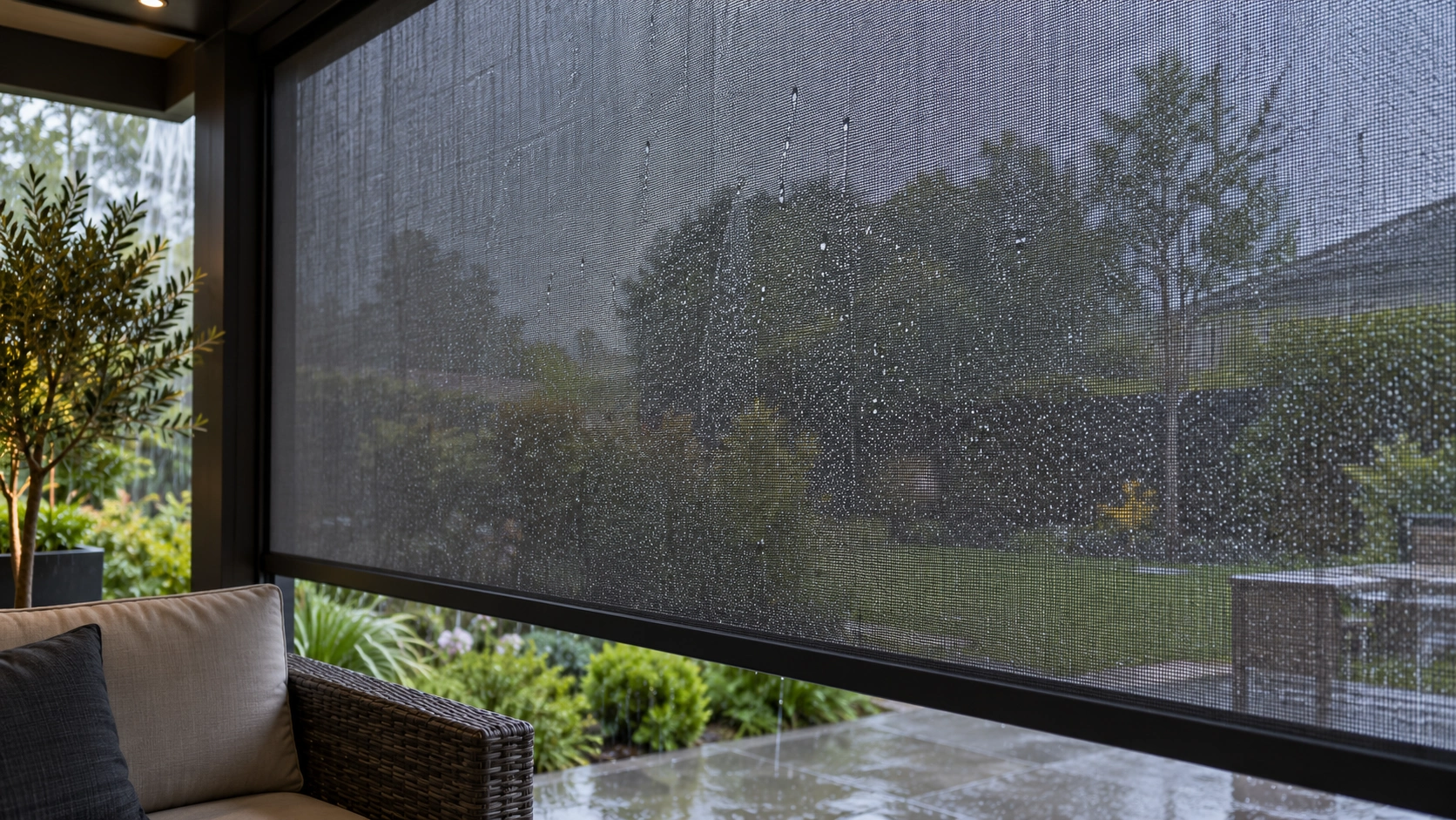 Rain droplets on the mesh fabric of an outdoor ZIP screen at a covered patio