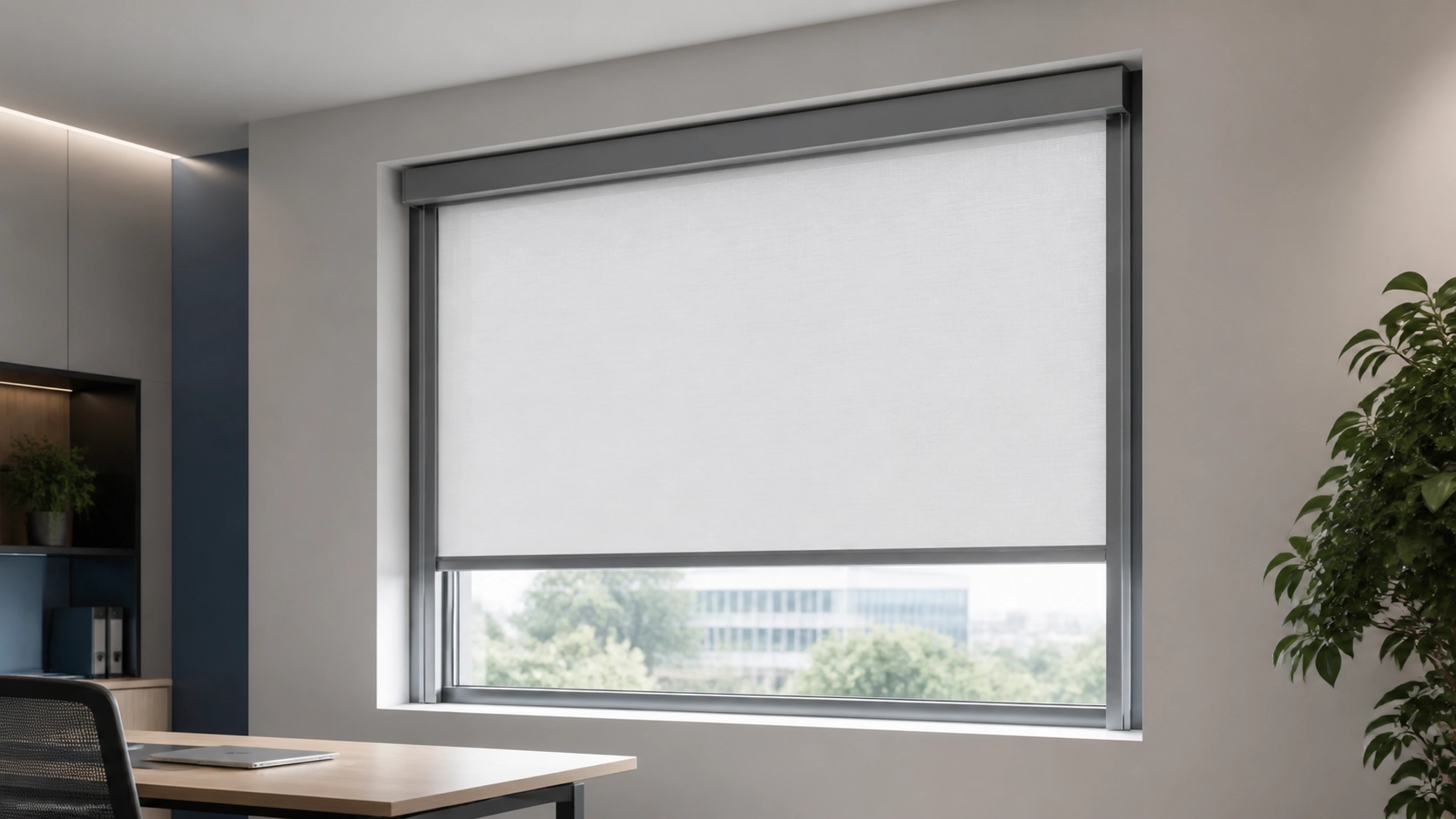 WR85 indoor guided roller blind with cassette, side tracks and bottom rail
