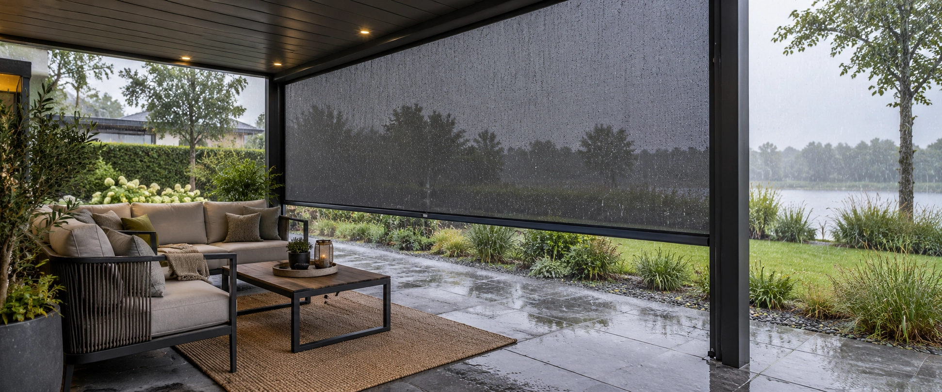 Outdoor ZIP screen lowered on a covered patio during rain