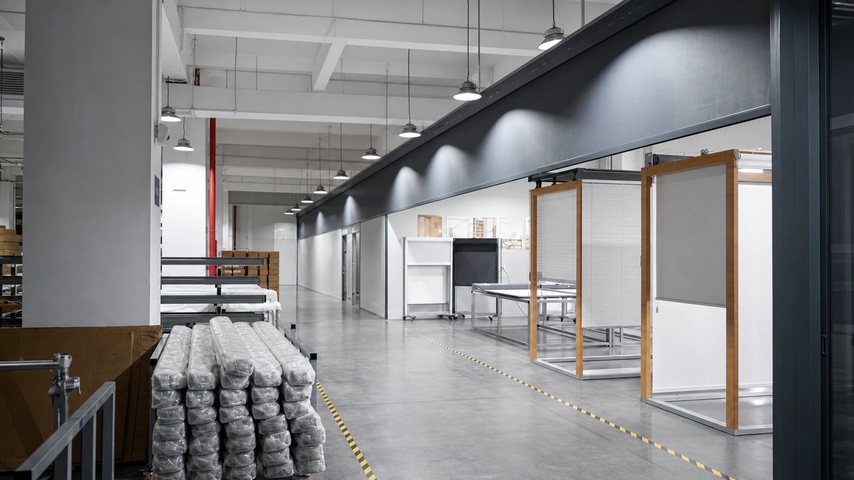 Industrial roller blinds used as retractable partitions on a factory floor