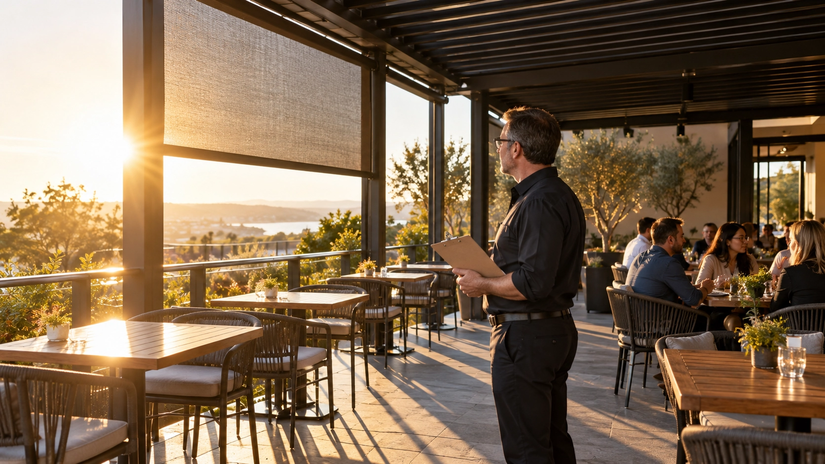 West-facing restaurant patio tables exposed to low afternoon sun