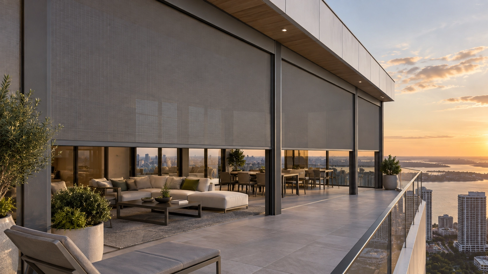 Extra-Wide ZIP Screens for Large Balcony Openings Extra-wide ZIP screens across a large high-rise balcony opening