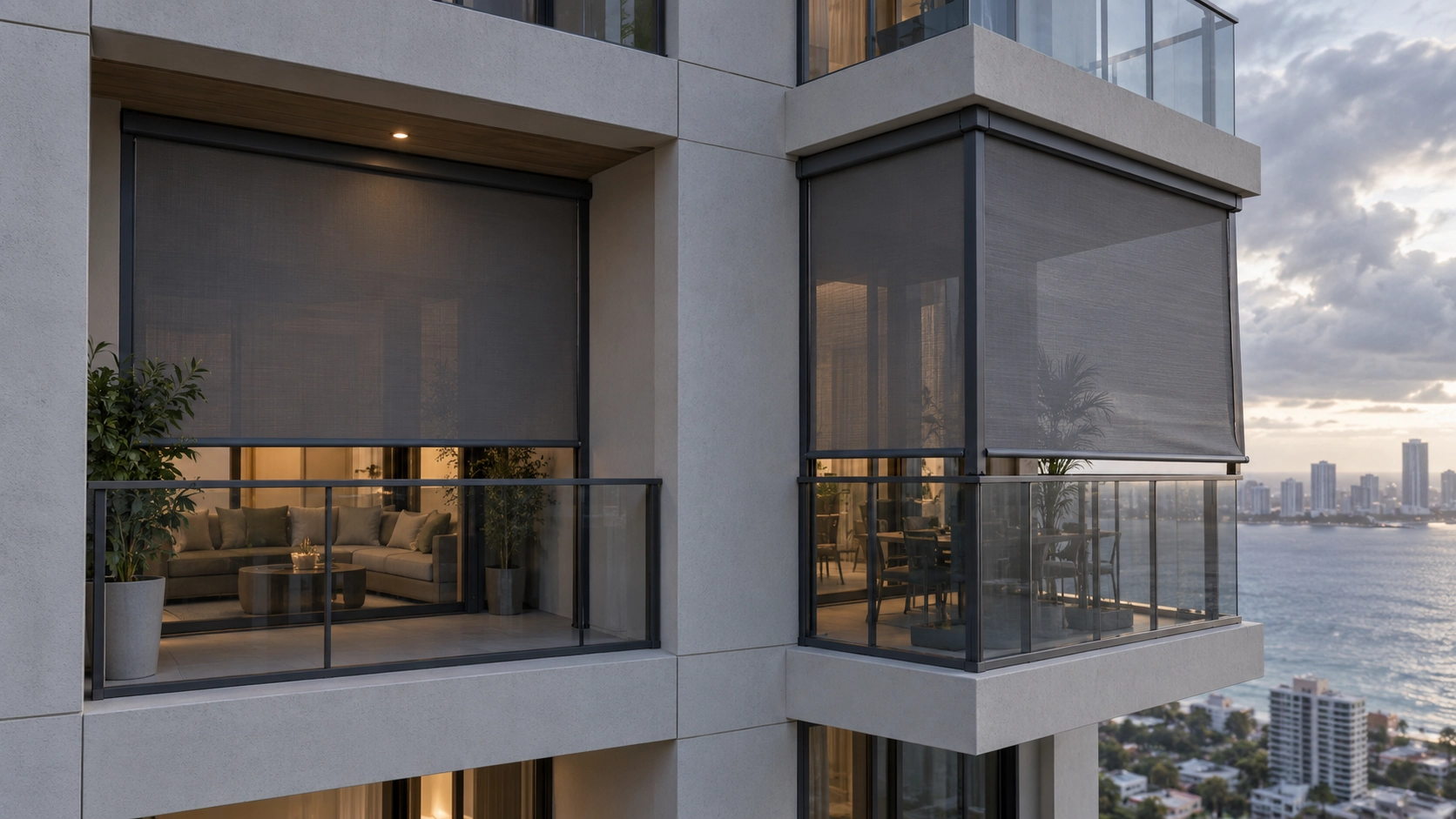 Recessed vs Corner Balcony ZIP Screen Exposure Recessed and corner high-rise balconies with ZIP screens