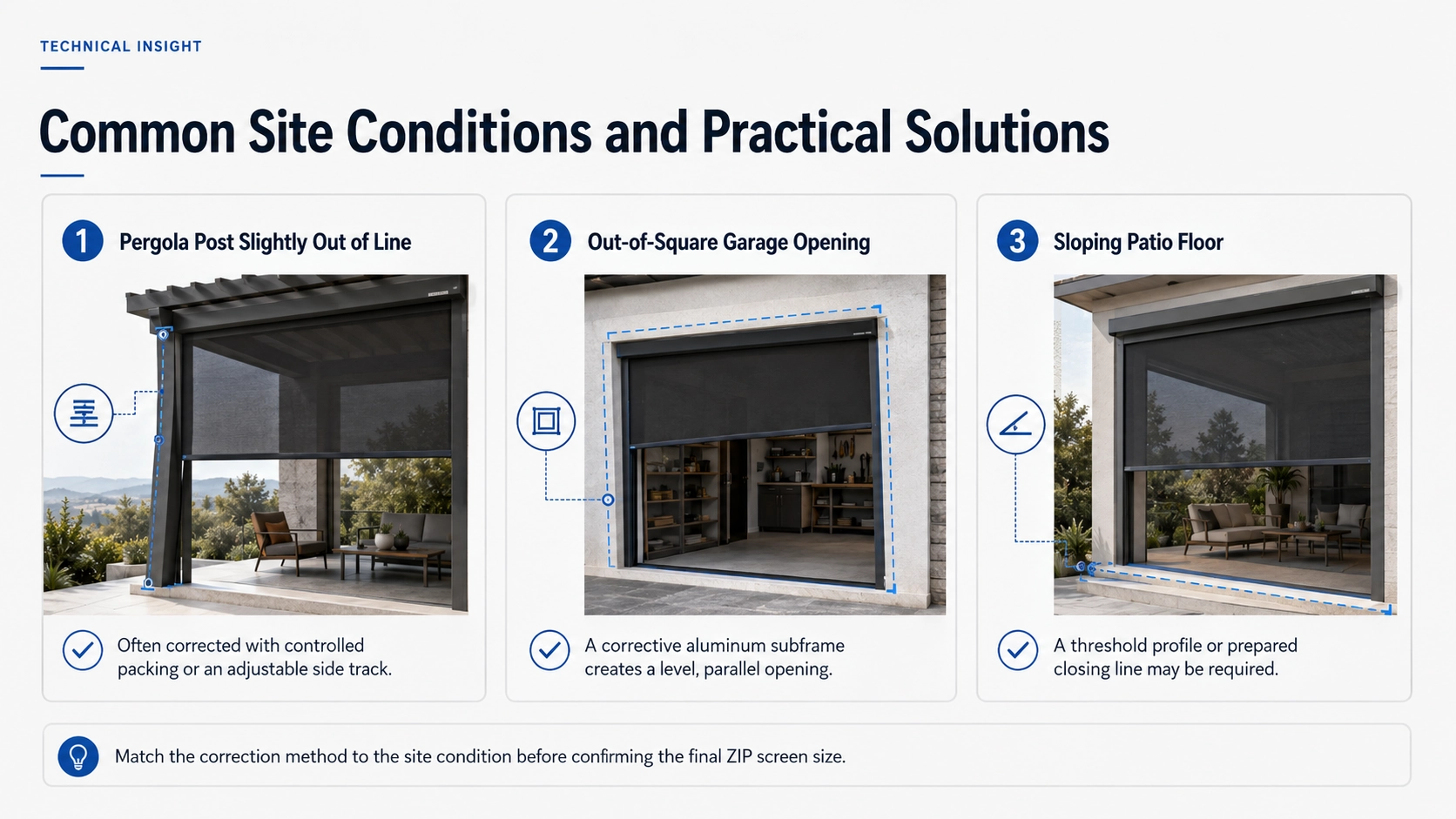 ZIP screen solutions for misaligned pergola posts, out-of-square garage openings and sloping patio floors