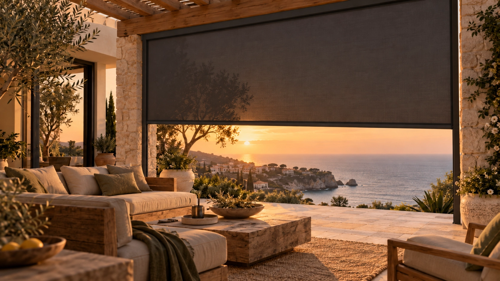 Outdoor ZIP screen installed on a coastal terrace for troubleshooting and system inspection