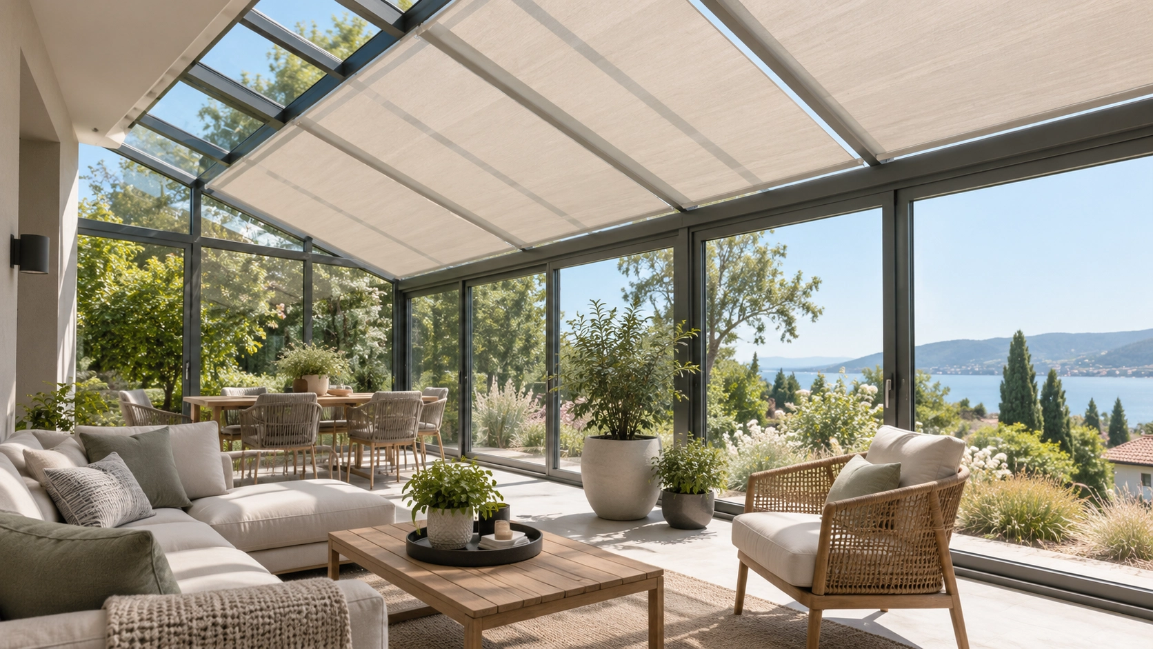 Glass roof shading system reducing heat and glare in a sunroom