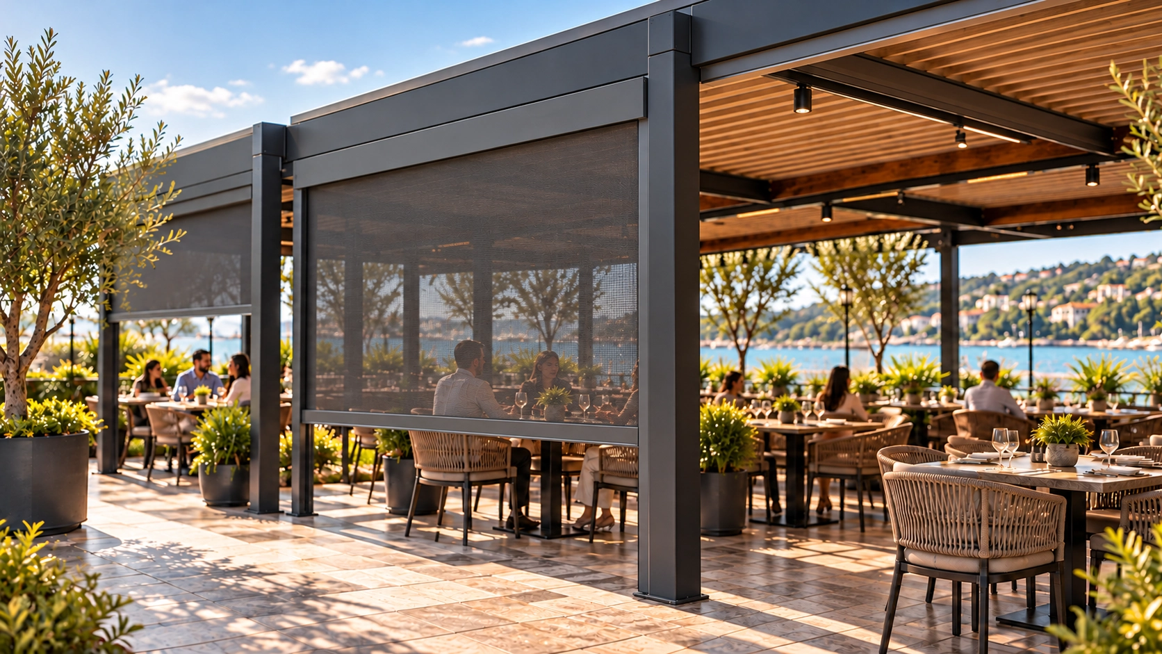 Restaurant patio ZIP screen viewed from outside during evening service
