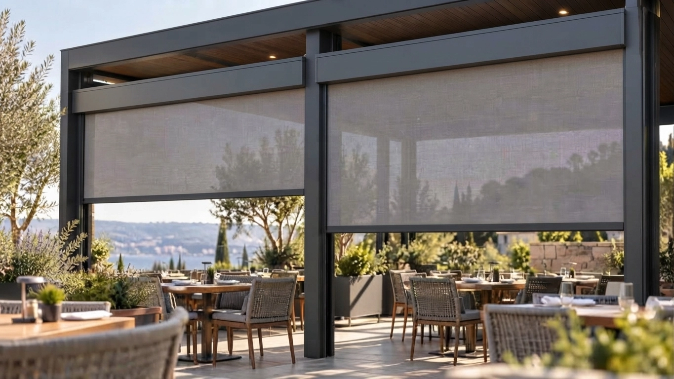 Two outdoor ZIP screens installed across one terrace opening with a central support