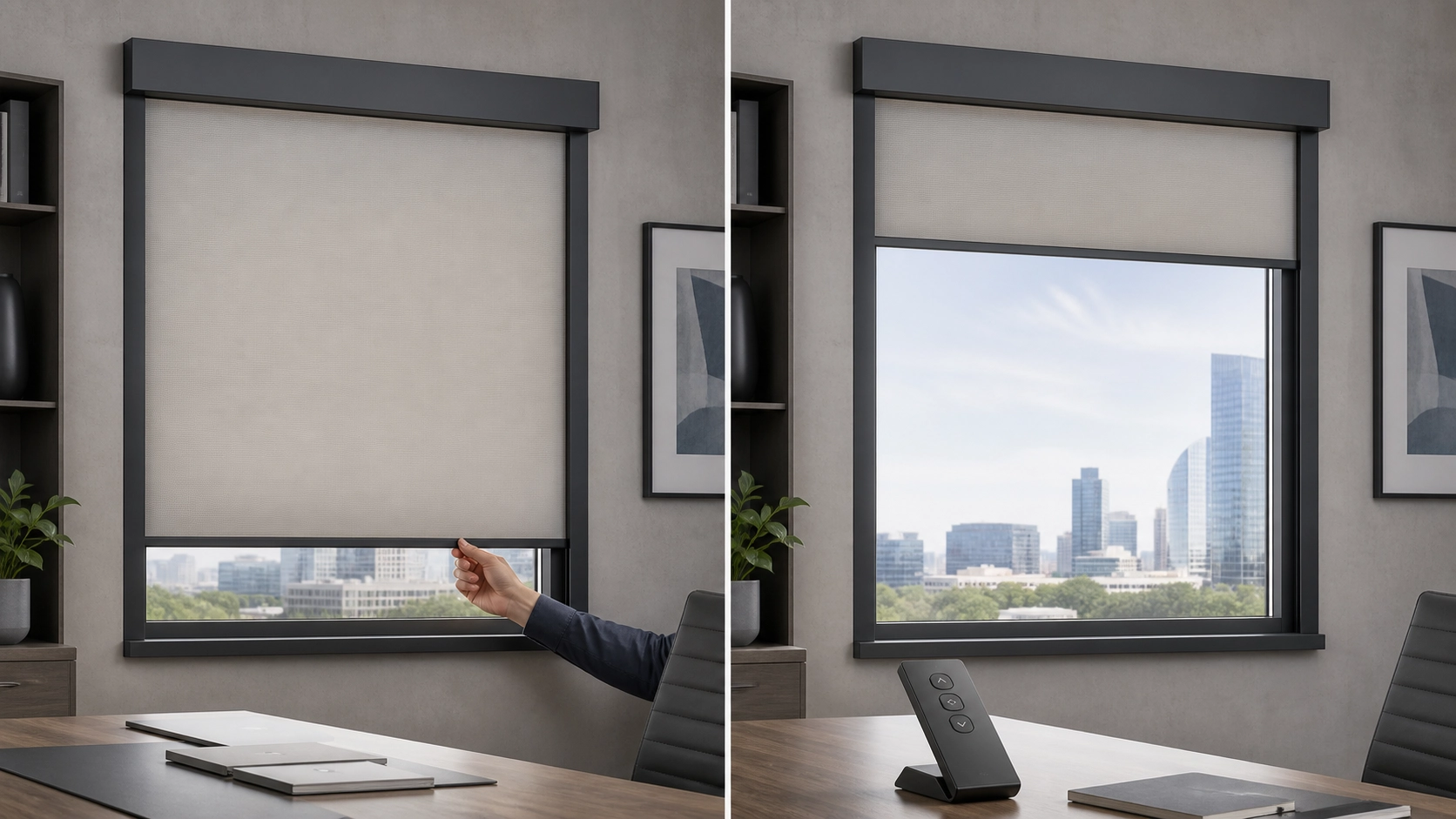 Manual and motorized control options for WR85 indoor roller blinds