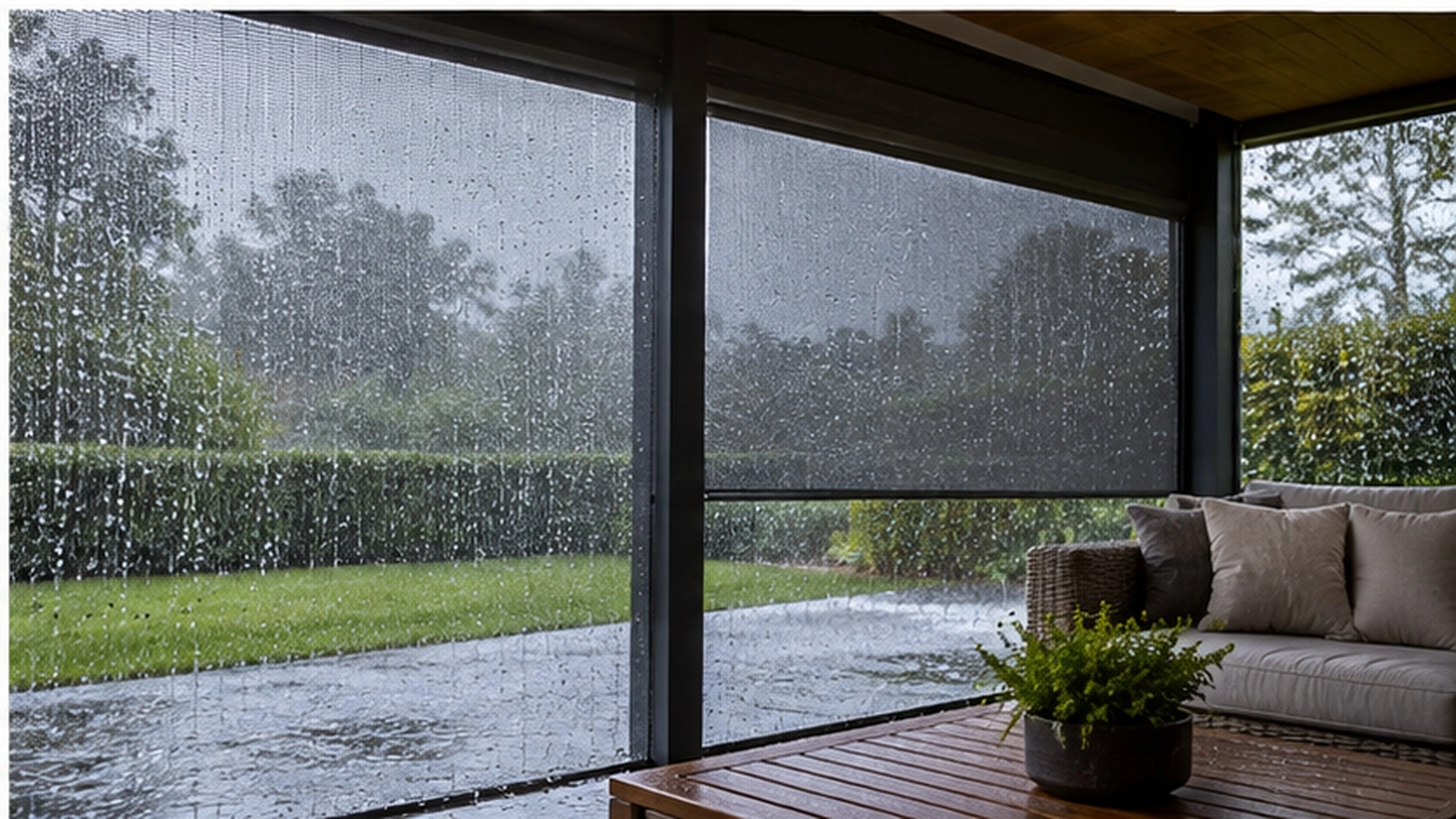 ZIP screen exposed to rain on a covered outdoor patio