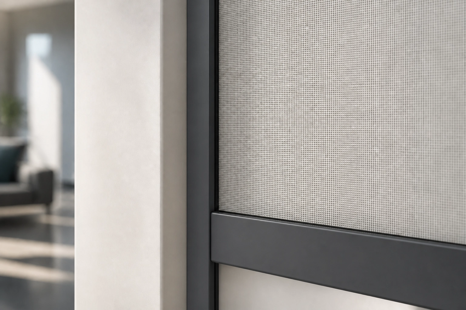 Close-up of the TR85-100 side track, guided screen fabric, and slim bottom rail